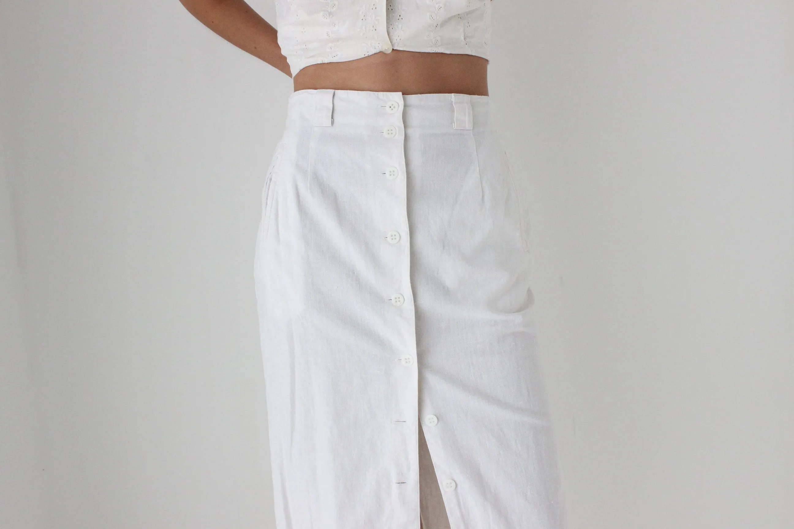 80s White Cotton Linen Button Front Skirt