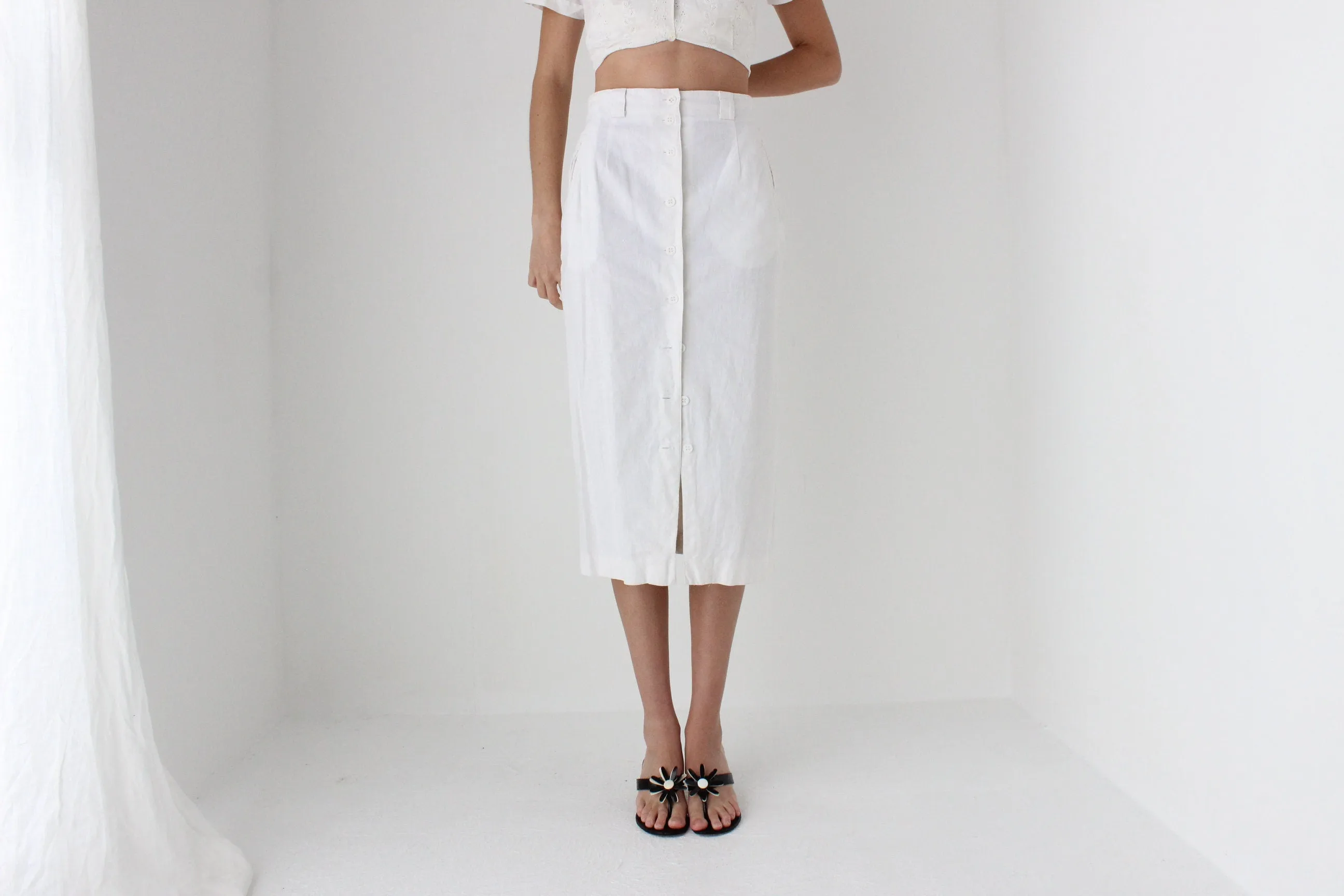 80s White Cotton Linen Button Front Skirt
