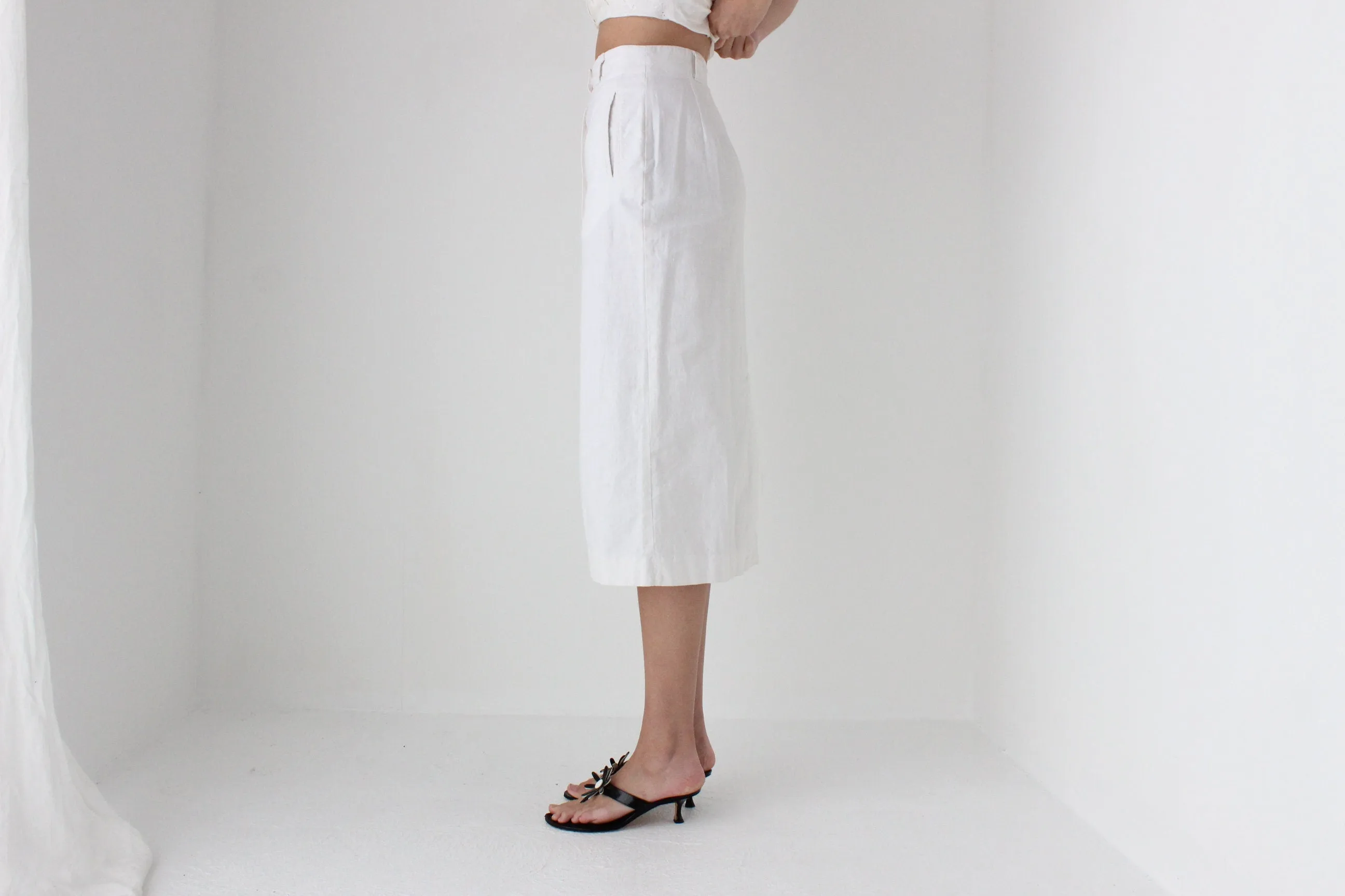 80s White Cotton Linen Button Front Skirt