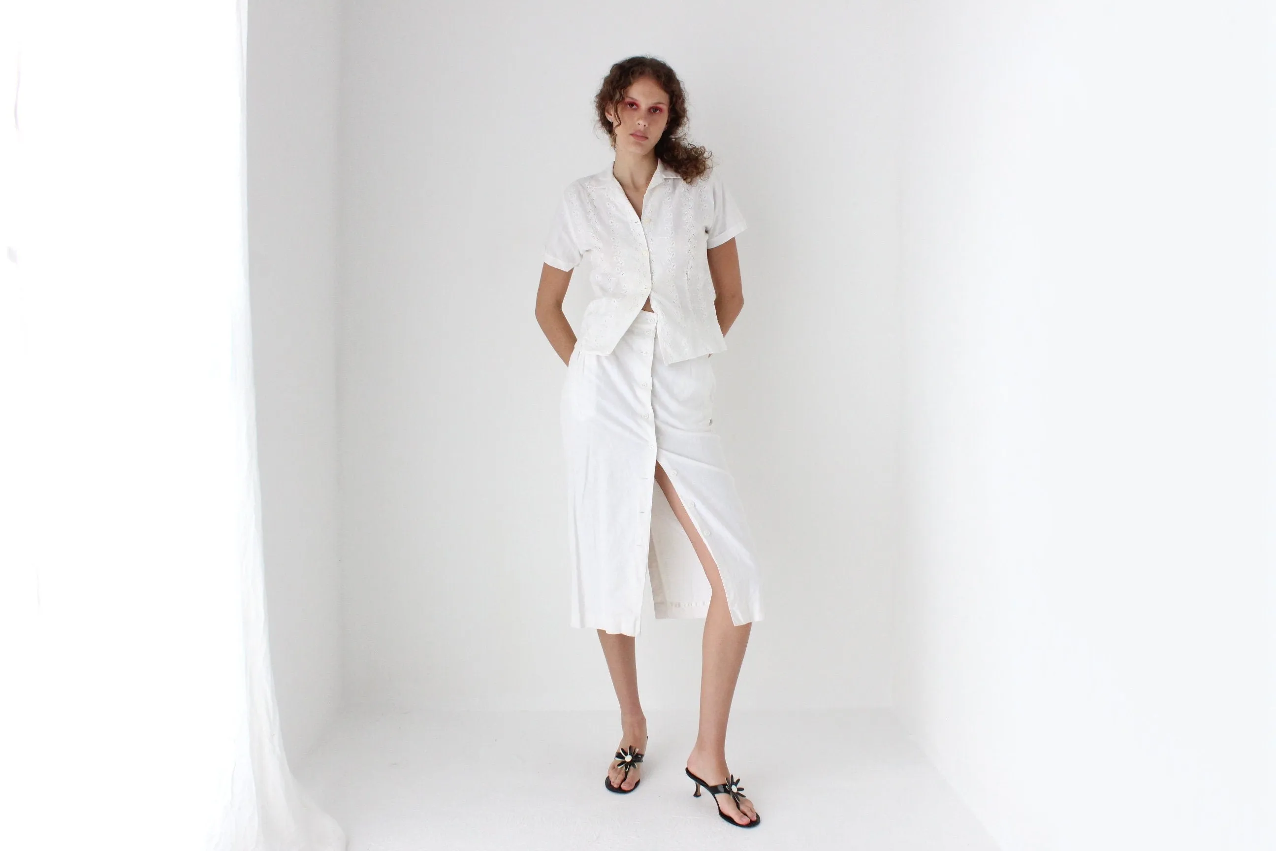 80s White Cotton Linen Button Front Skirt