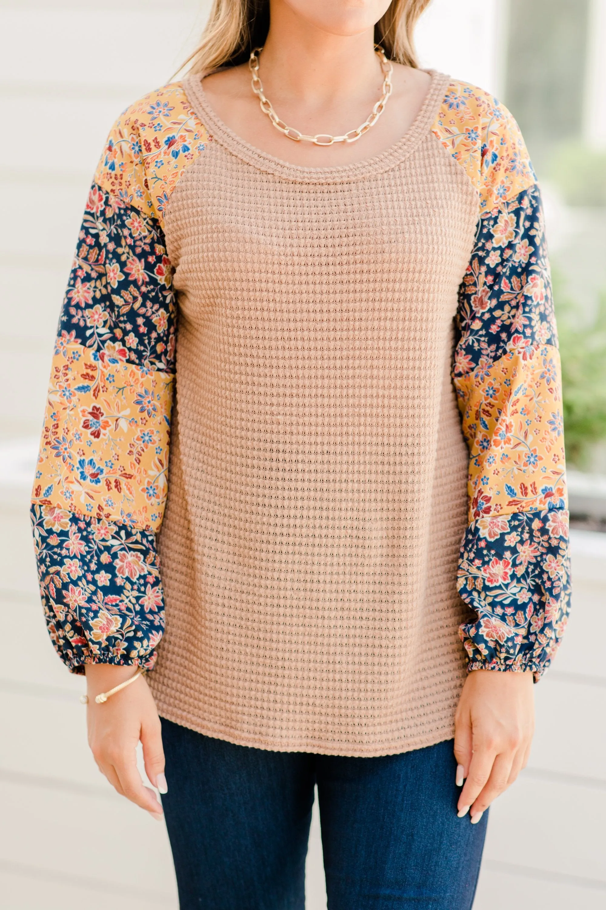All You Need Now Taupe Brown Ditsy Floral Top