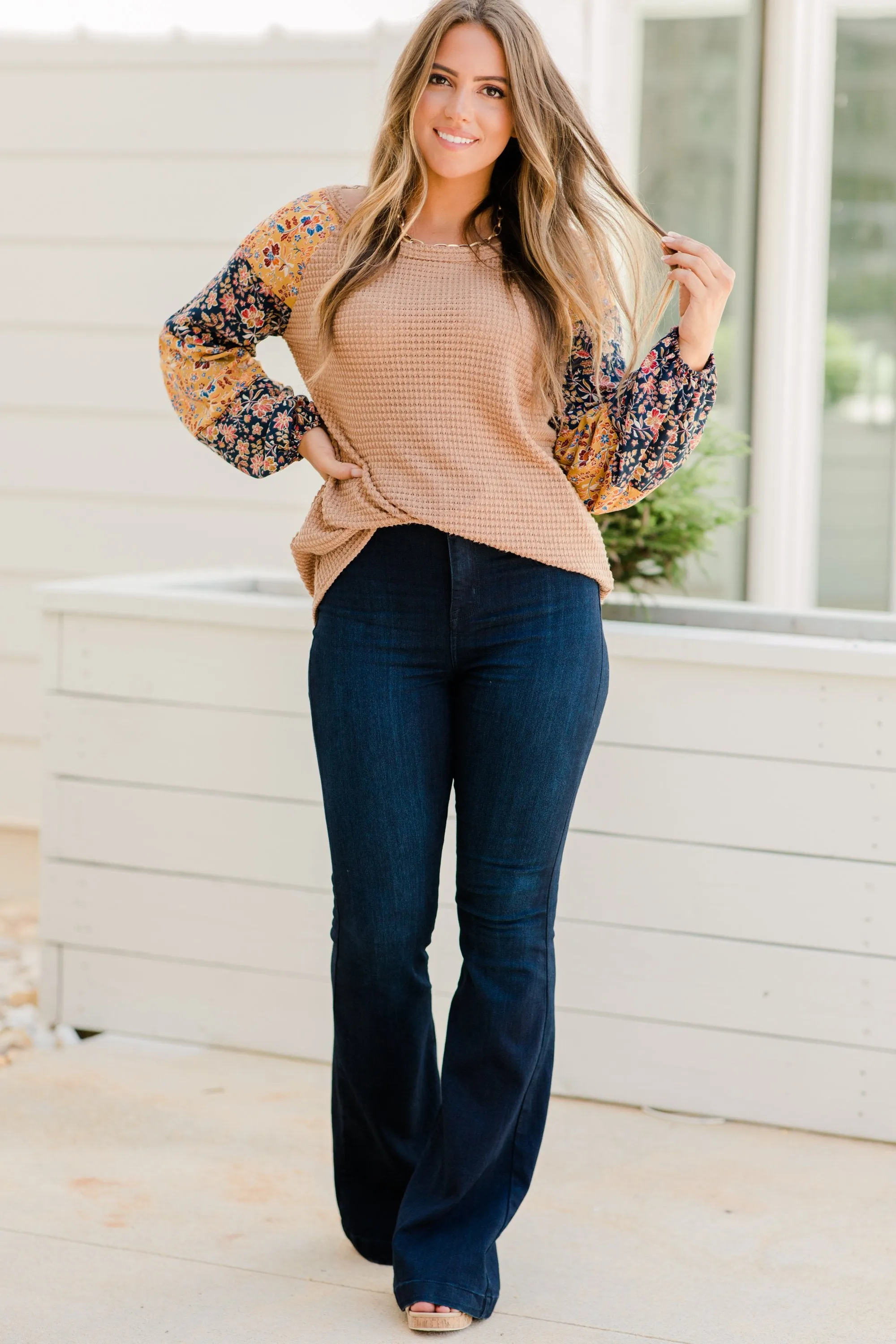 All You Need Now Taupe Brown Ditsy Floral Top