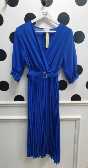 Amber Blue Belted Pleat Dress