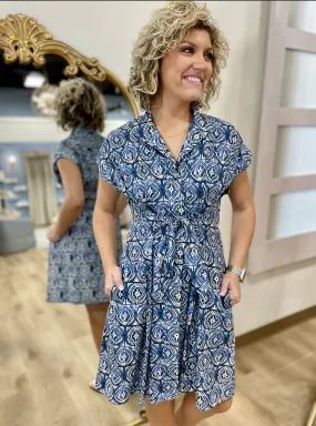 APNY Short Sleeve Shirt Dress Blue Print