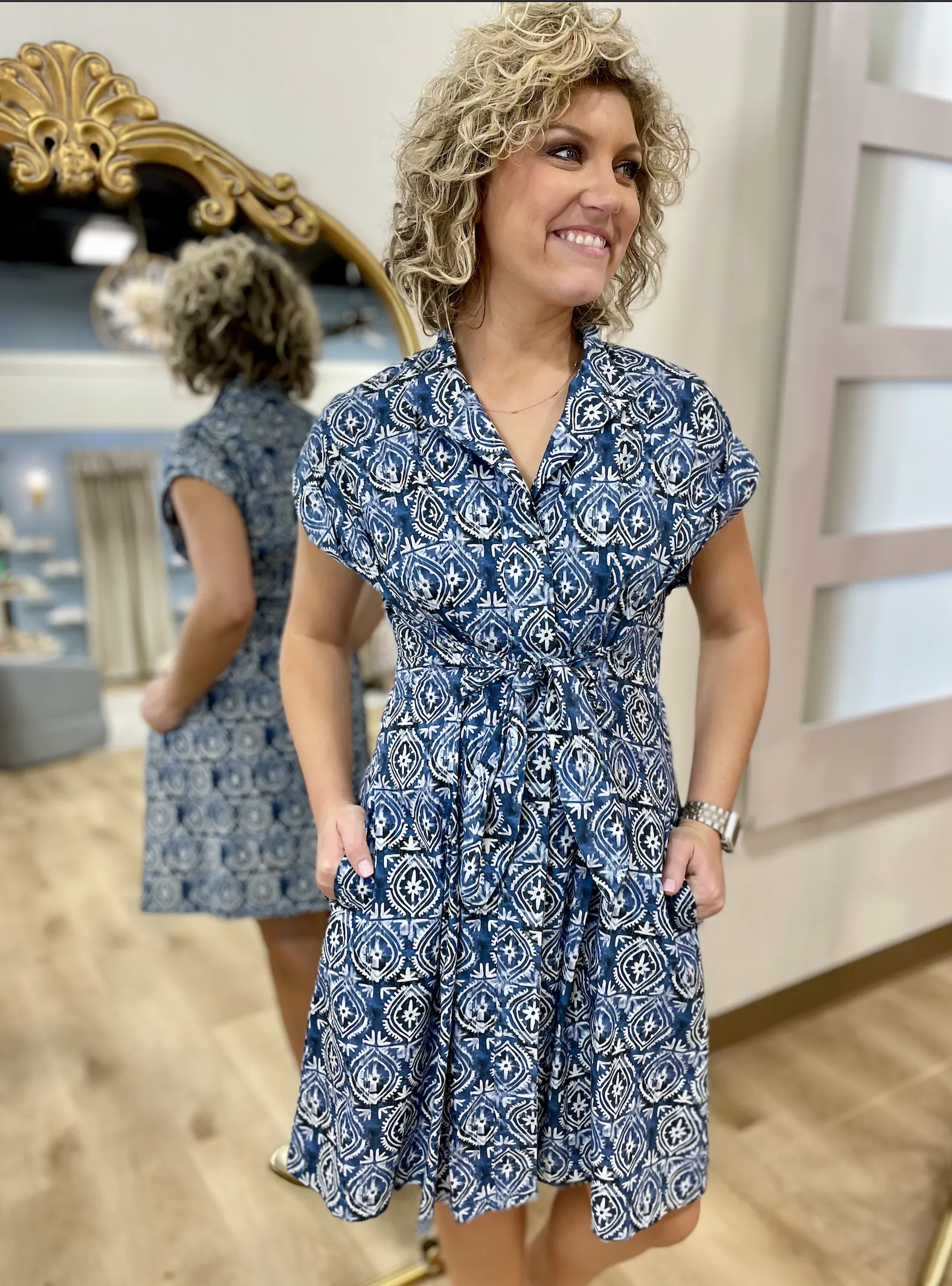 APNY Short Sleeve Shirt Dress Blue Print