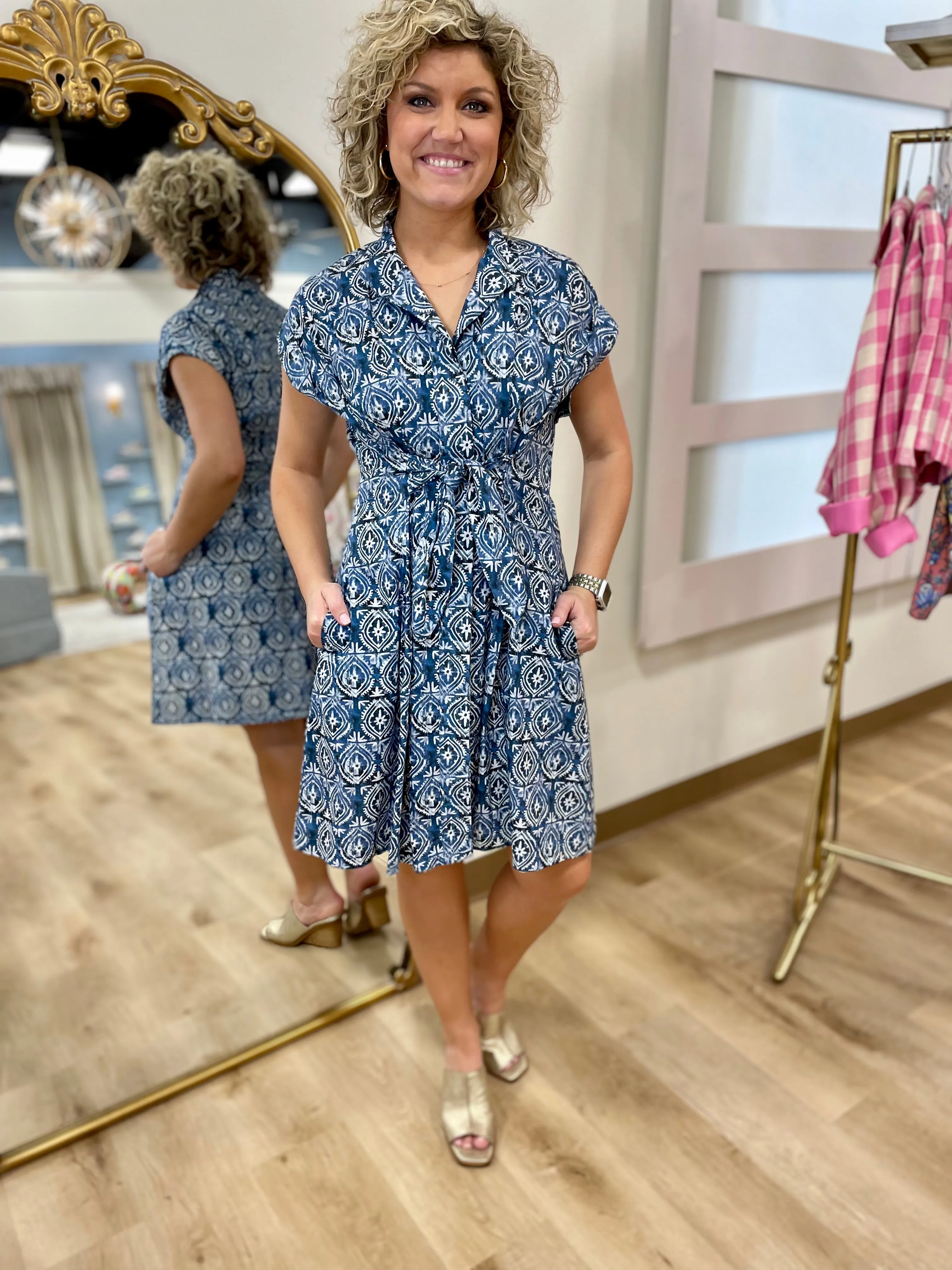 APNY Short Sleeve Shirt Dress Blue Print