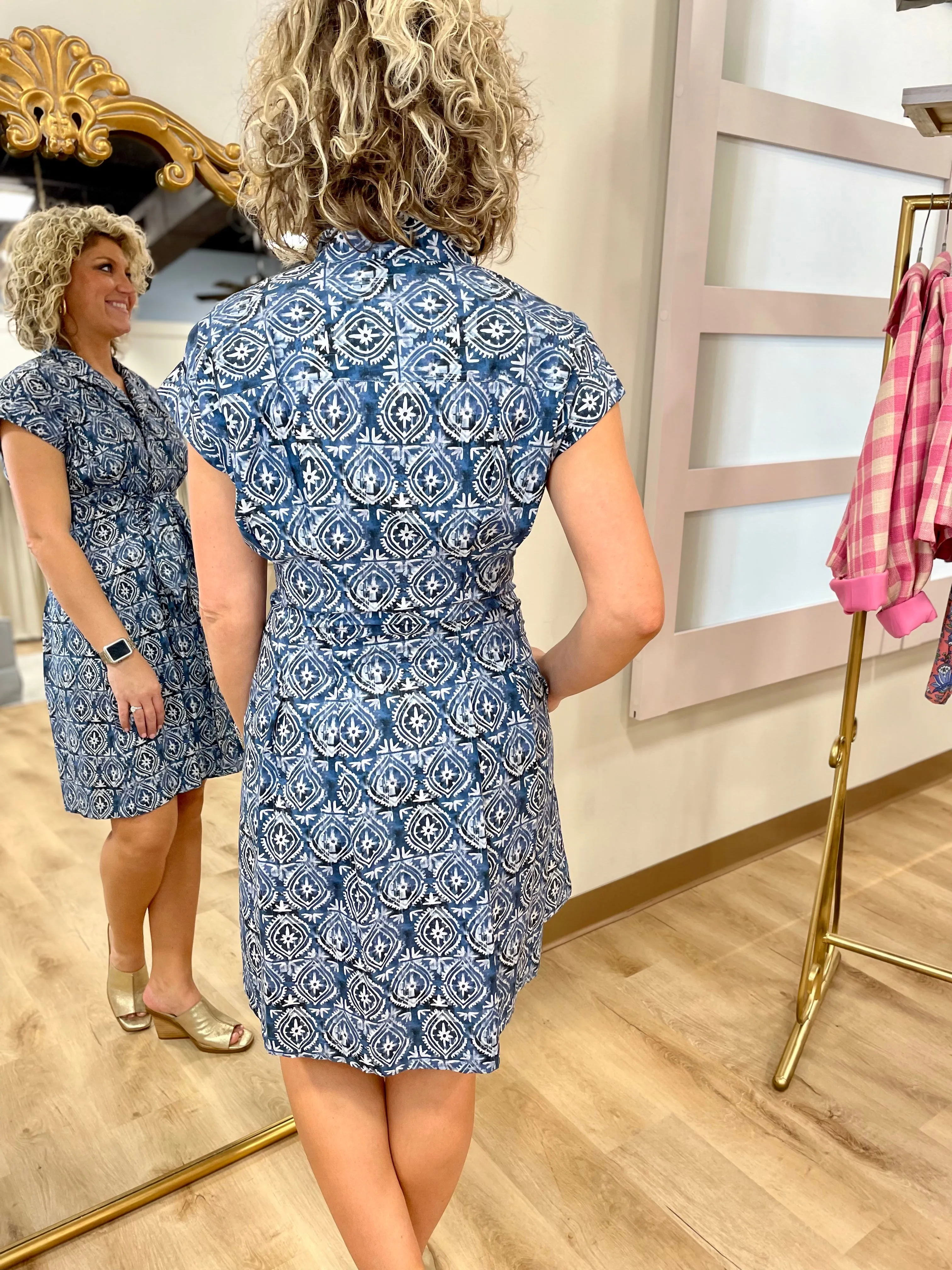 APNY Short Sleeve Shirt Dress Blue Print