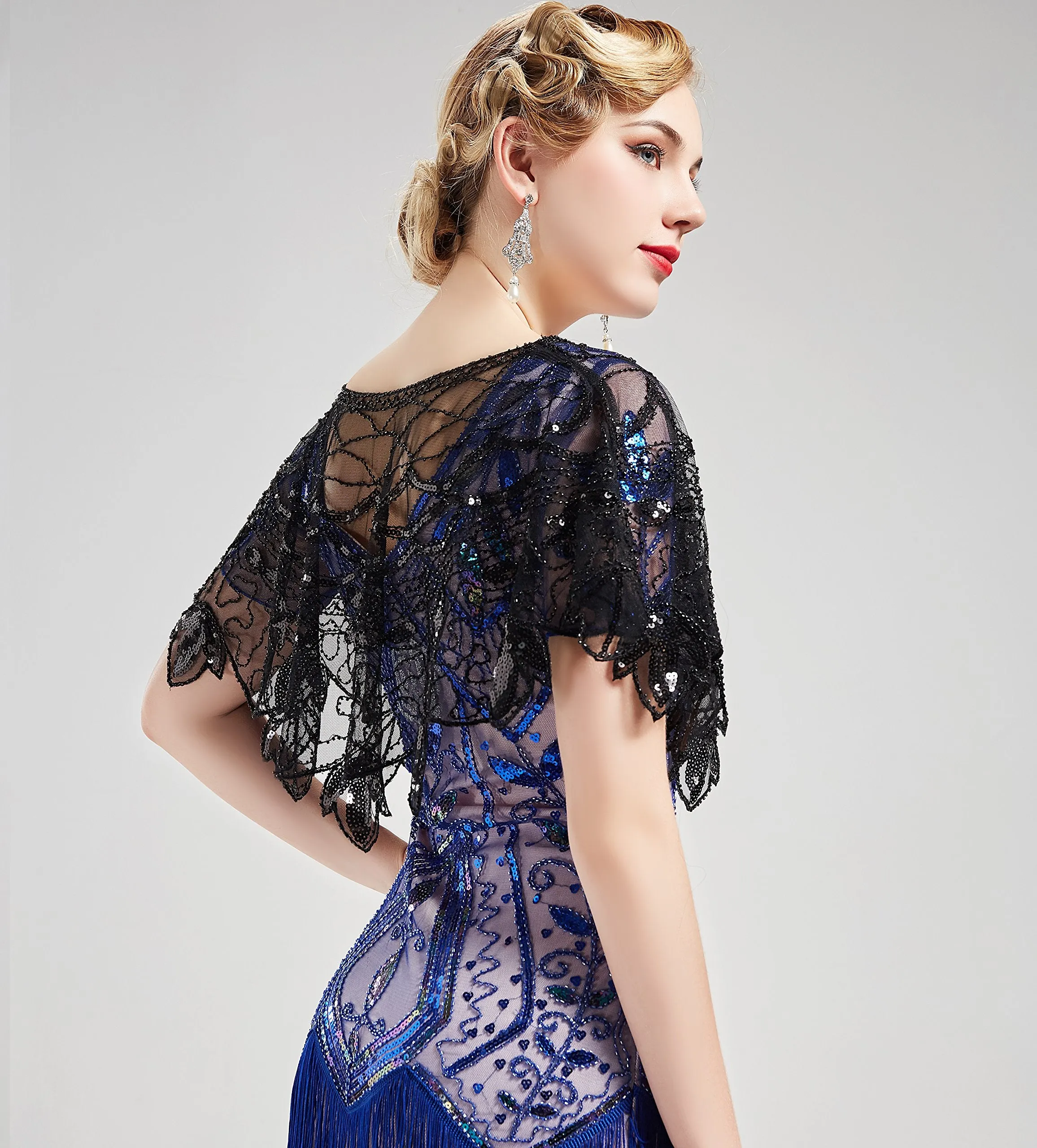 BABEYOND 1920s Shawl Wraps Sequin Beaded Evening Cape Bridal Shawl Bolero Flapper Cover Up Black