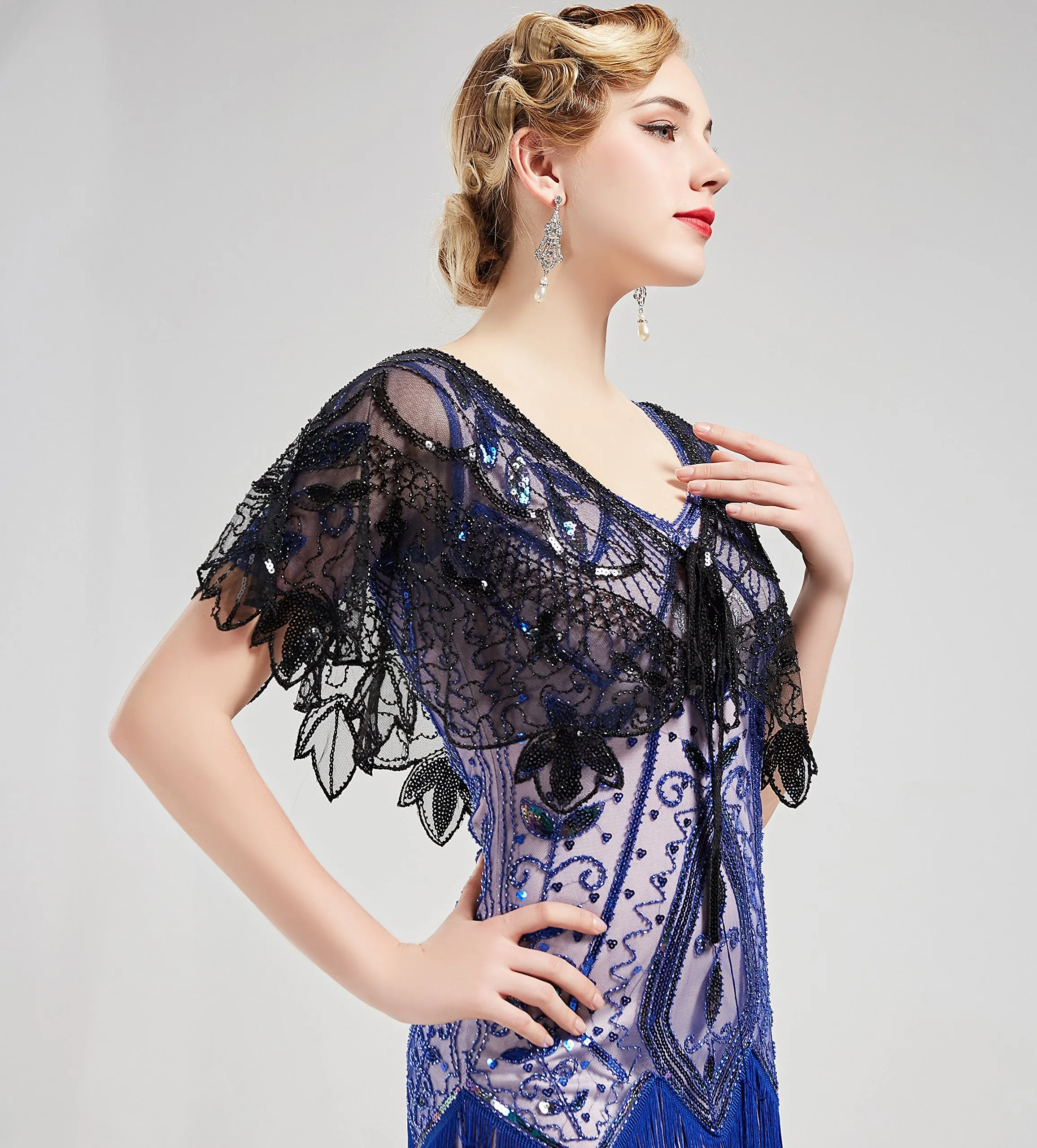 BABEYOND 1920s Shawl Wraps Sequin Beaded Evening Cape Bridal Shawl Bolero Flapper Cover Up Black