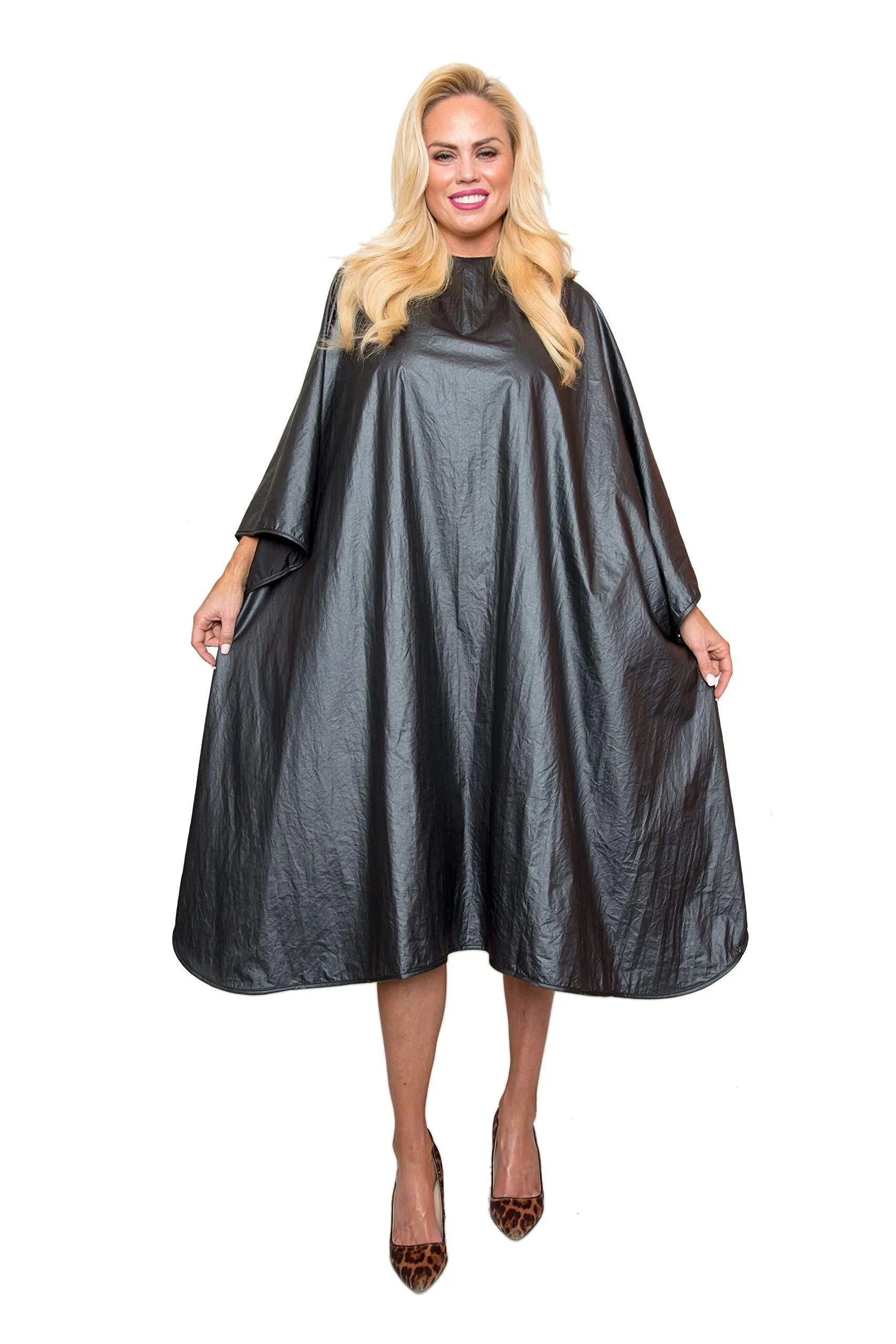 BeautyLove Big Flirt Cape Chemical Water Proof Stylist Drape Grey Shimmery Metallic Stain Bleach Water Proof Fabric