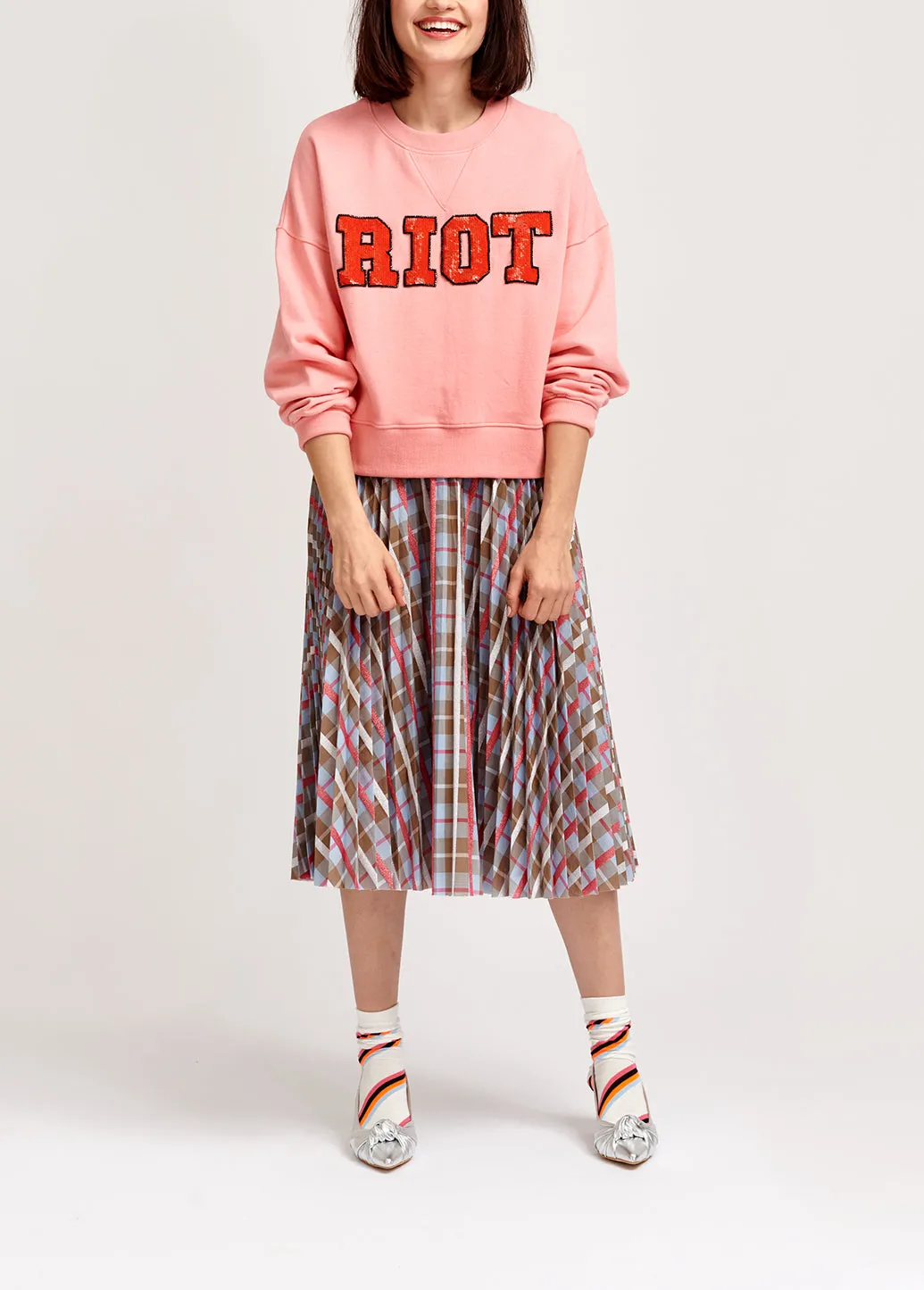 Beige and blue plaid cotton-blend pleated skirt