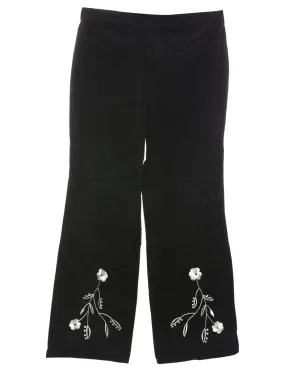 Black & White Suede 1990s Floral Embroidered Trousers - W32 L30
