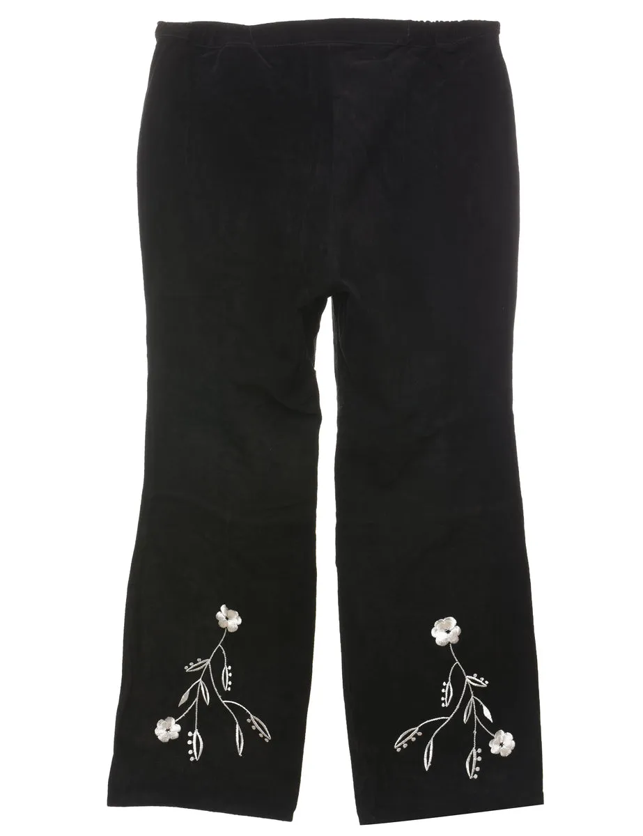 Black & White Suede 1990s Floral Embroidered Trousers - W32 L30