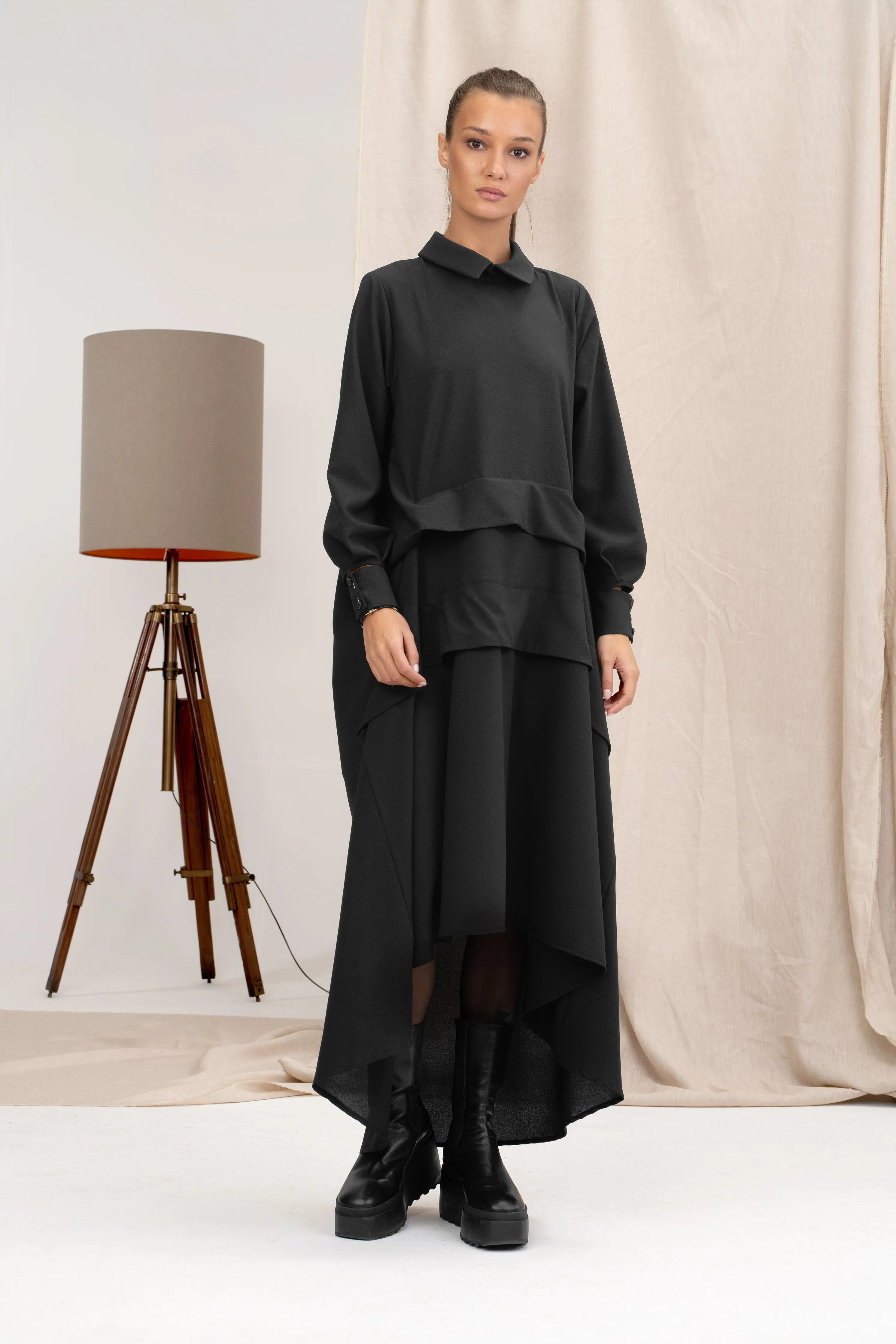 Black Asymmetrical Viscose Shirt Dress