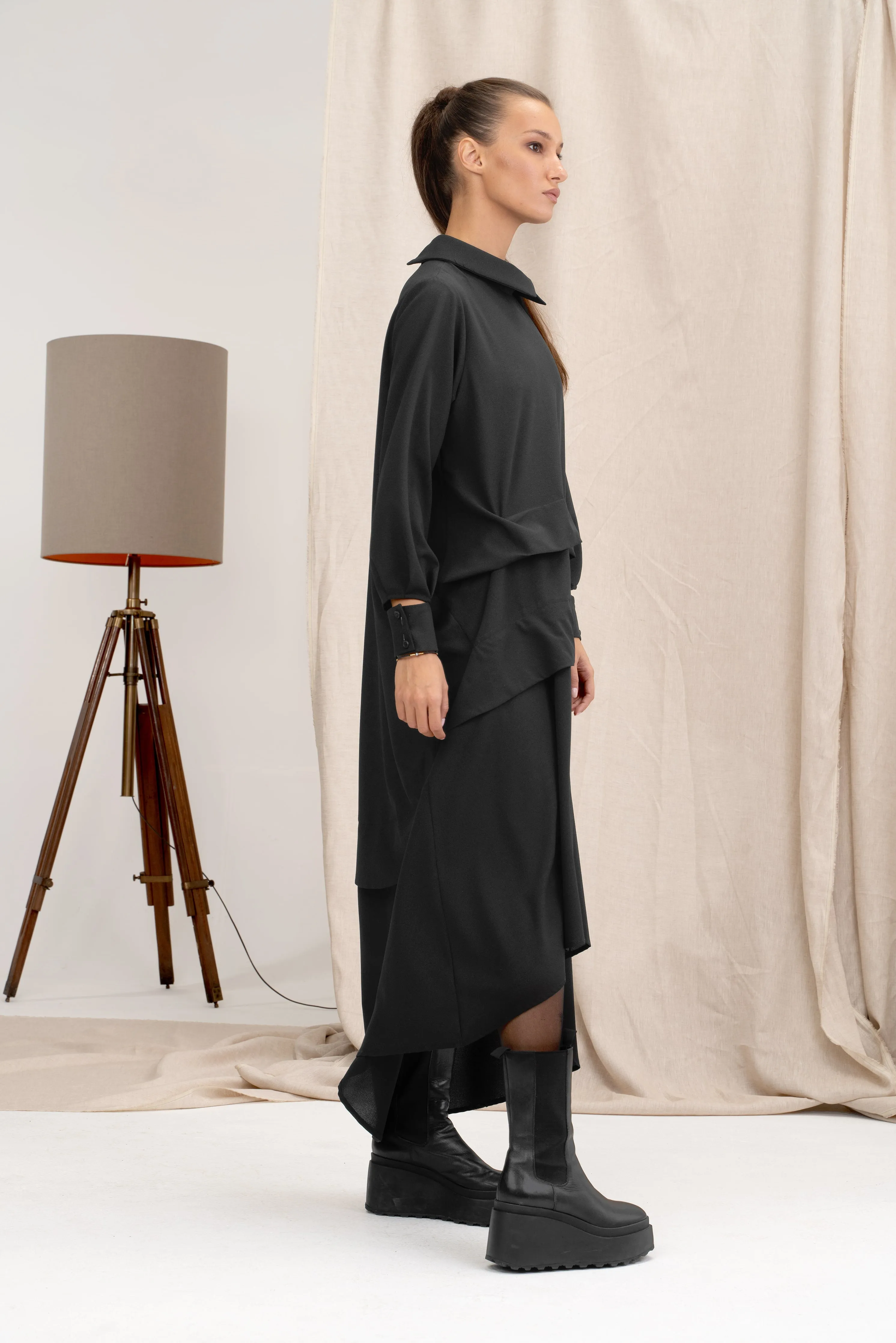 Black Asymmetrical Viscose Shirt Dress