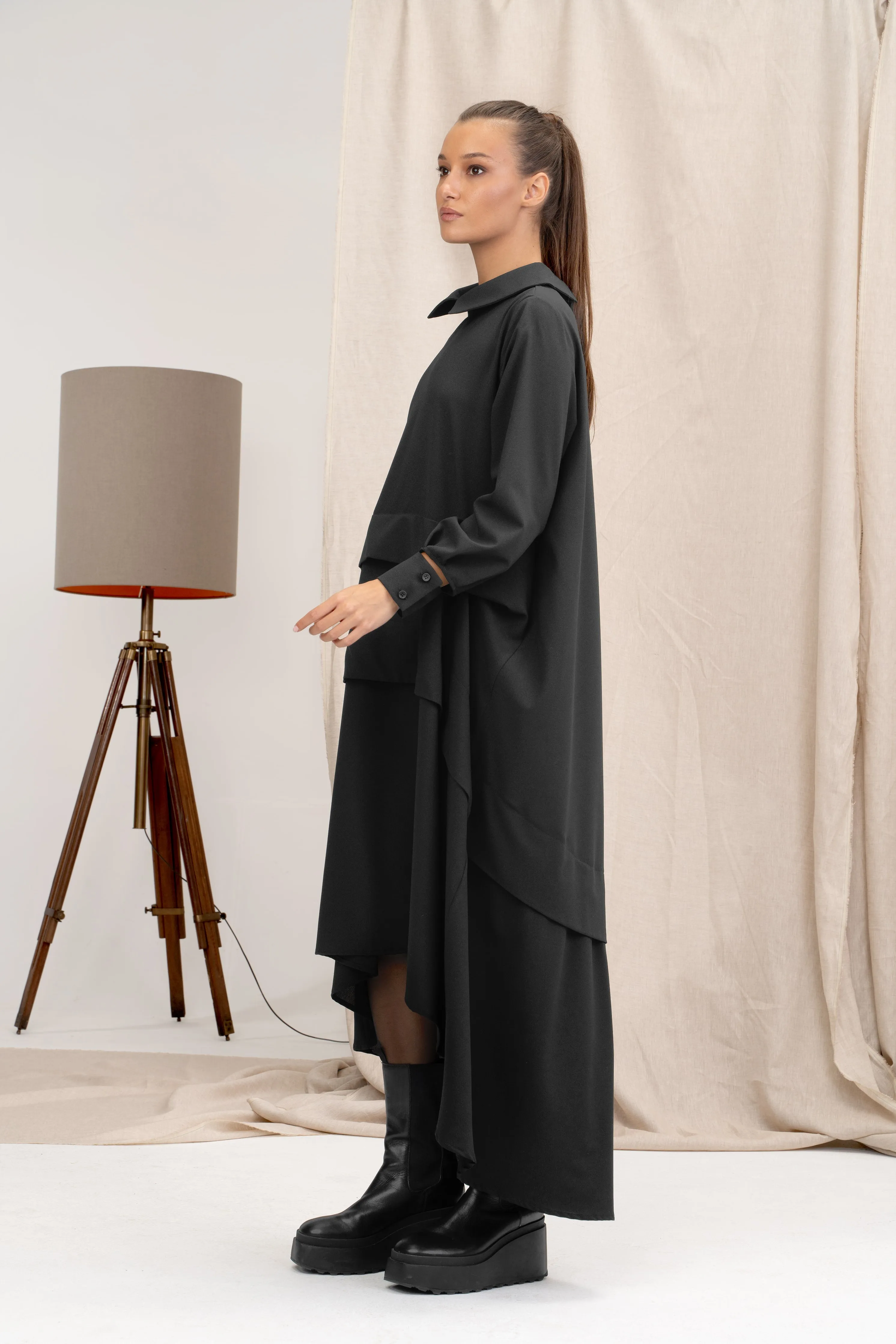 Black Asymmetrical Viscose Shirt Dress