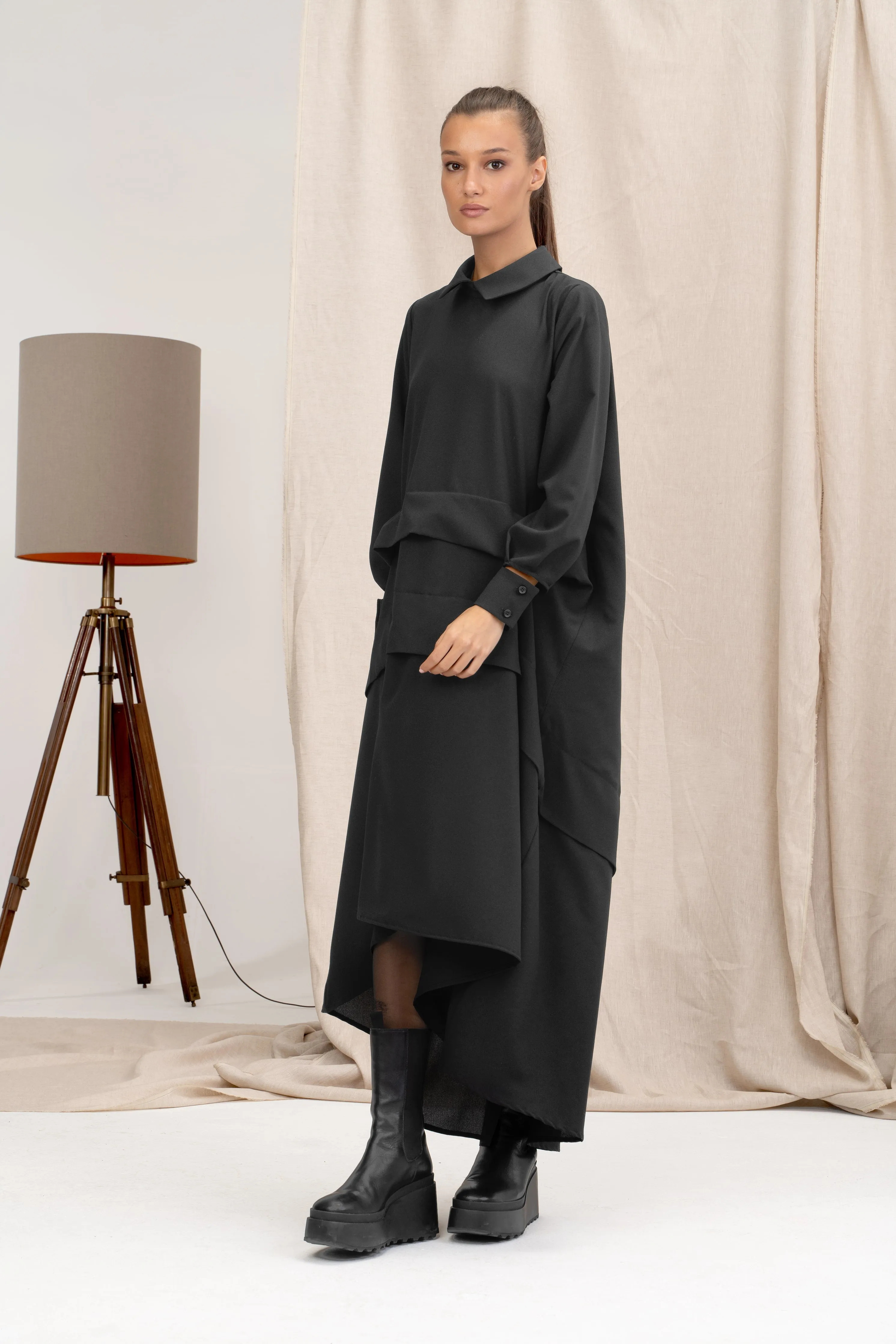 Black Asymmetrical Viscose Shirt Dress