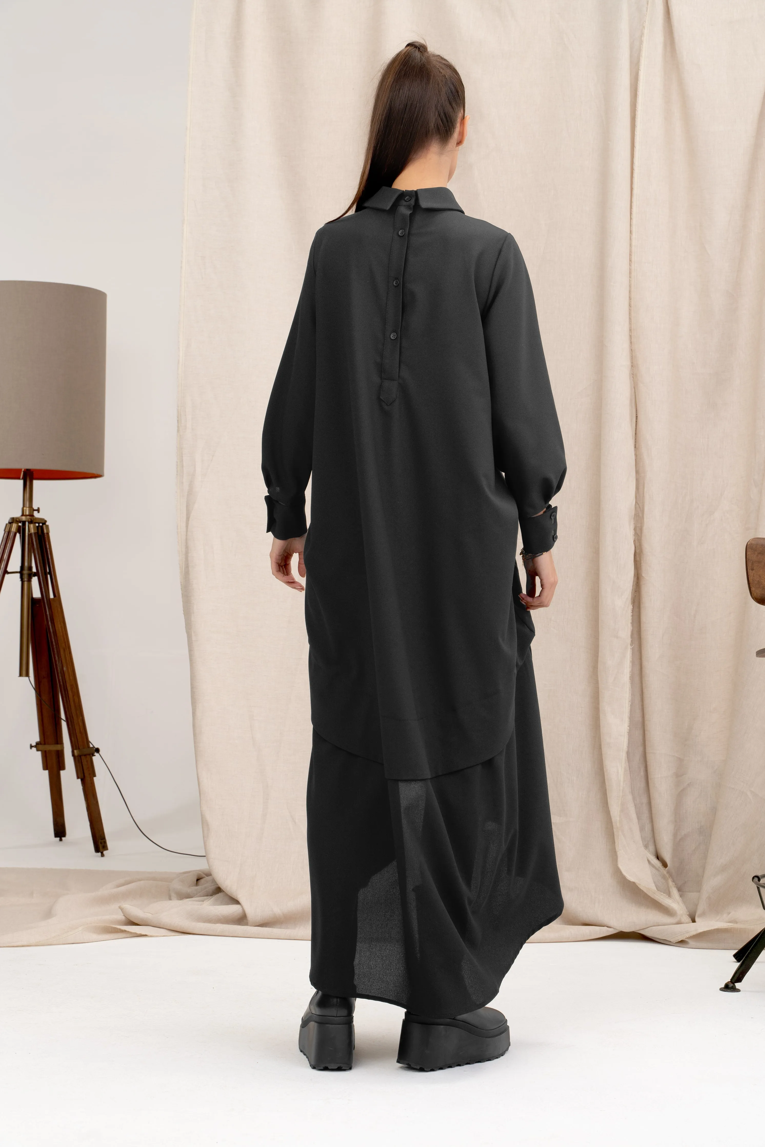 Black Asymmetrical Viscose Shirt Dress