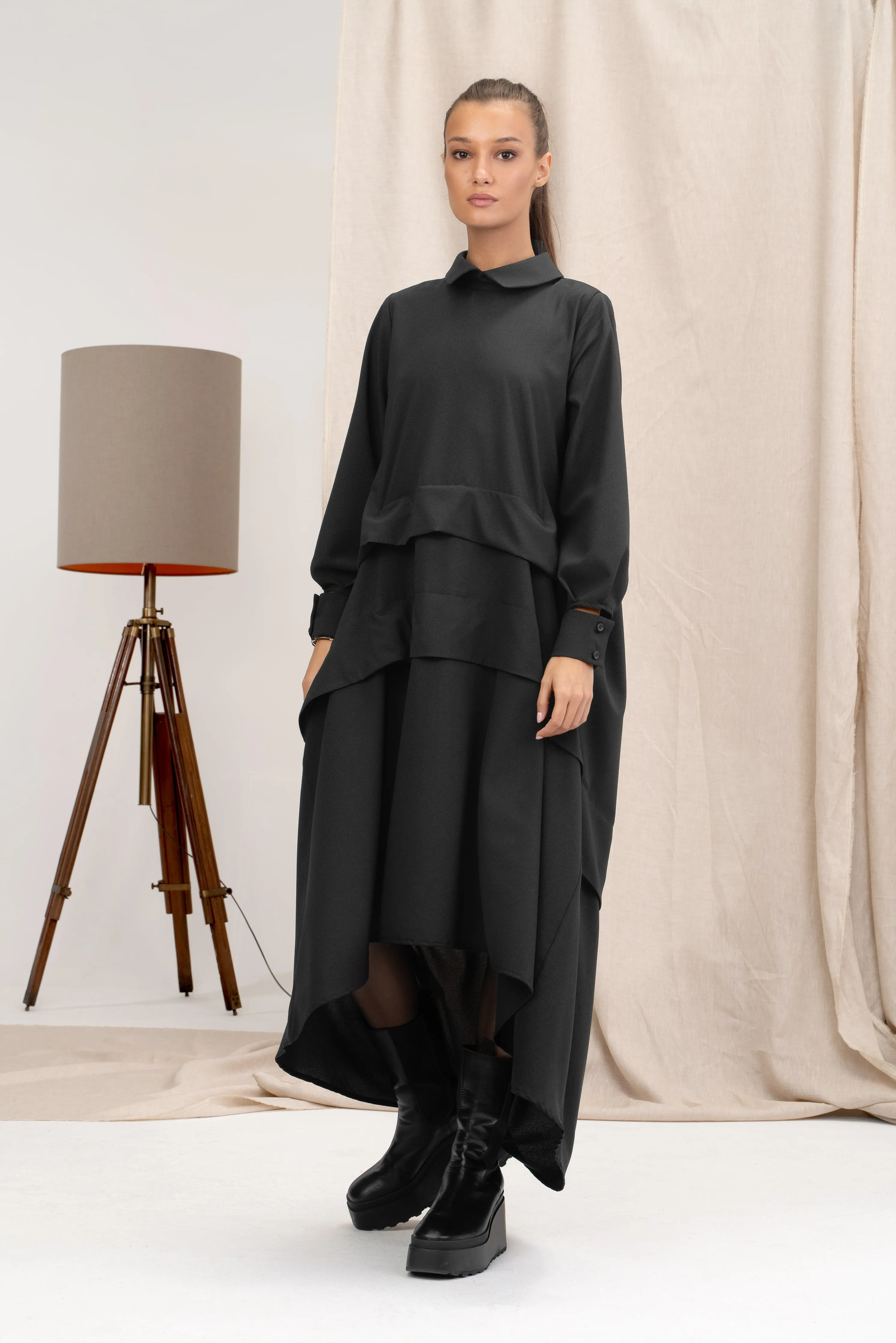 Black Asymmetrical Viscose Shirt Dress