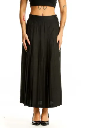 Black Pleated Silk Midi Skirt
