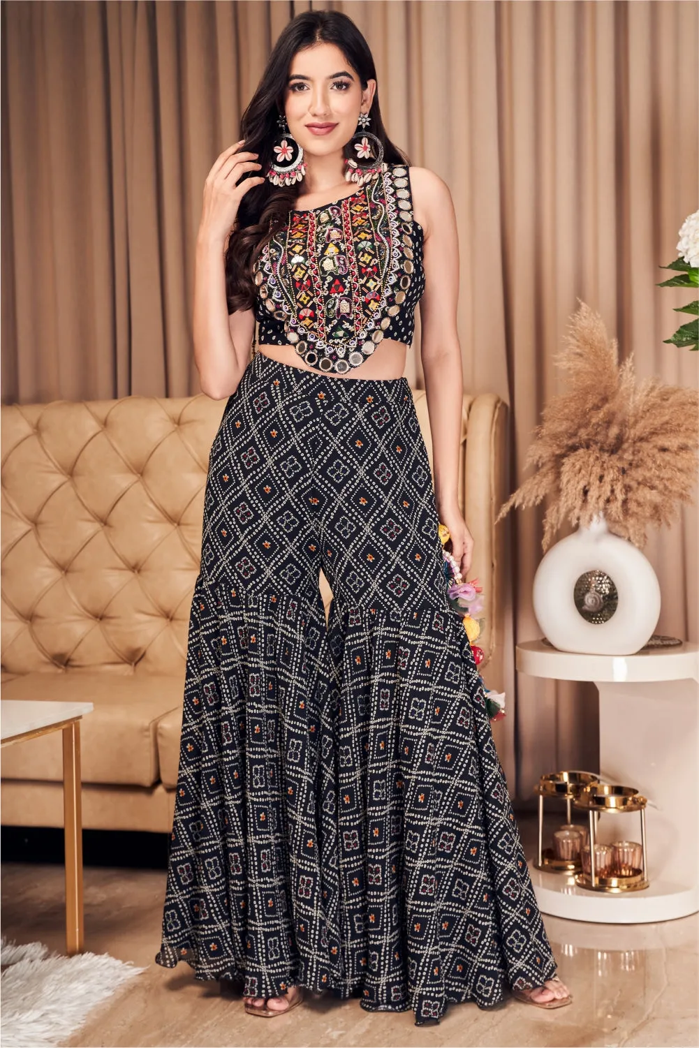 Black Printed Sharara Suit With Cape