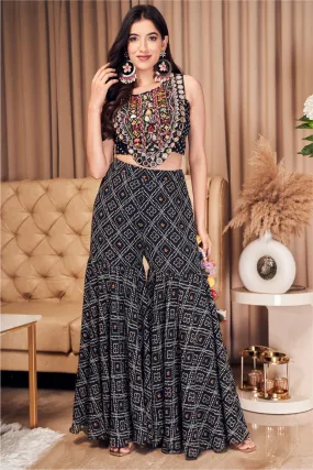 Black Printed Sharara Suit With Cape