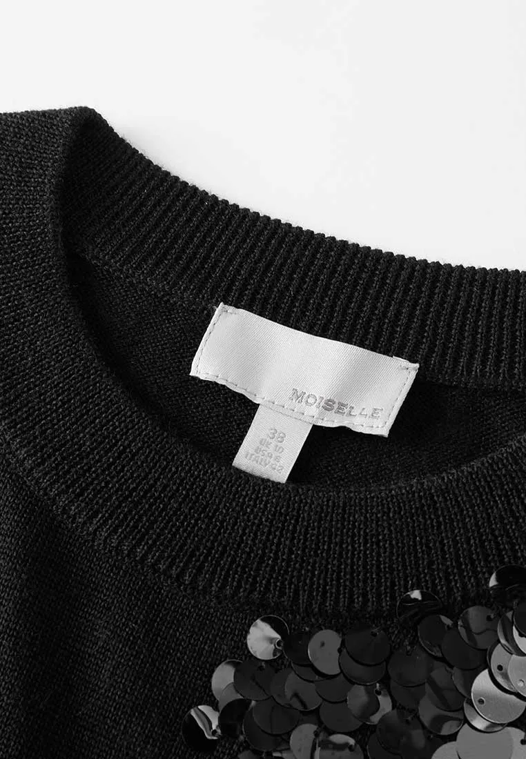 Black Sequin Short-sleeved Wool Knit Top