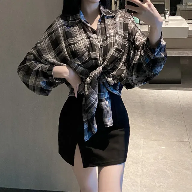 Black Slim Cami Dress Plaid Shirt Set