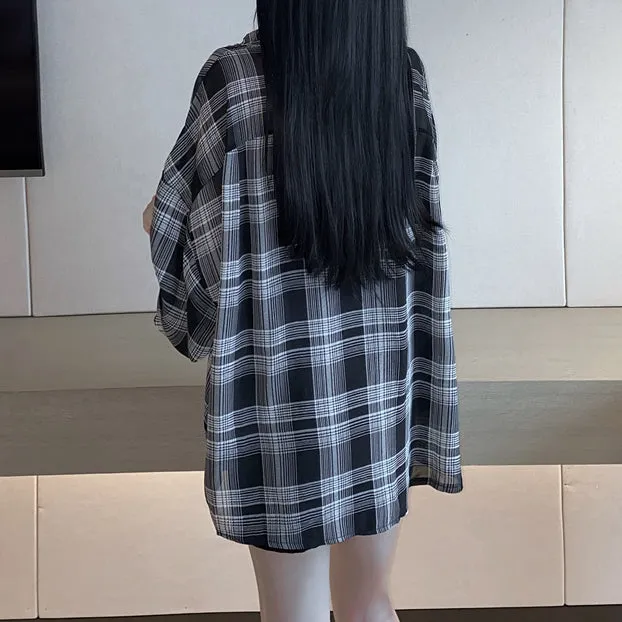 Black Slim Cami Dress Plaid Shirt Set