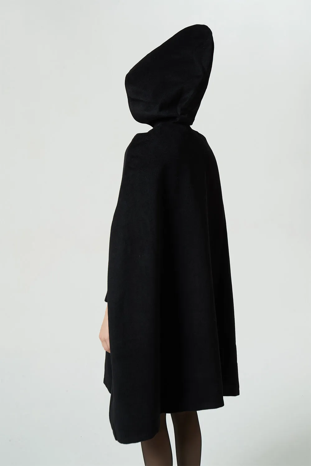 black wool cape coat, hooded warm cape, women winter outerwear 1952#