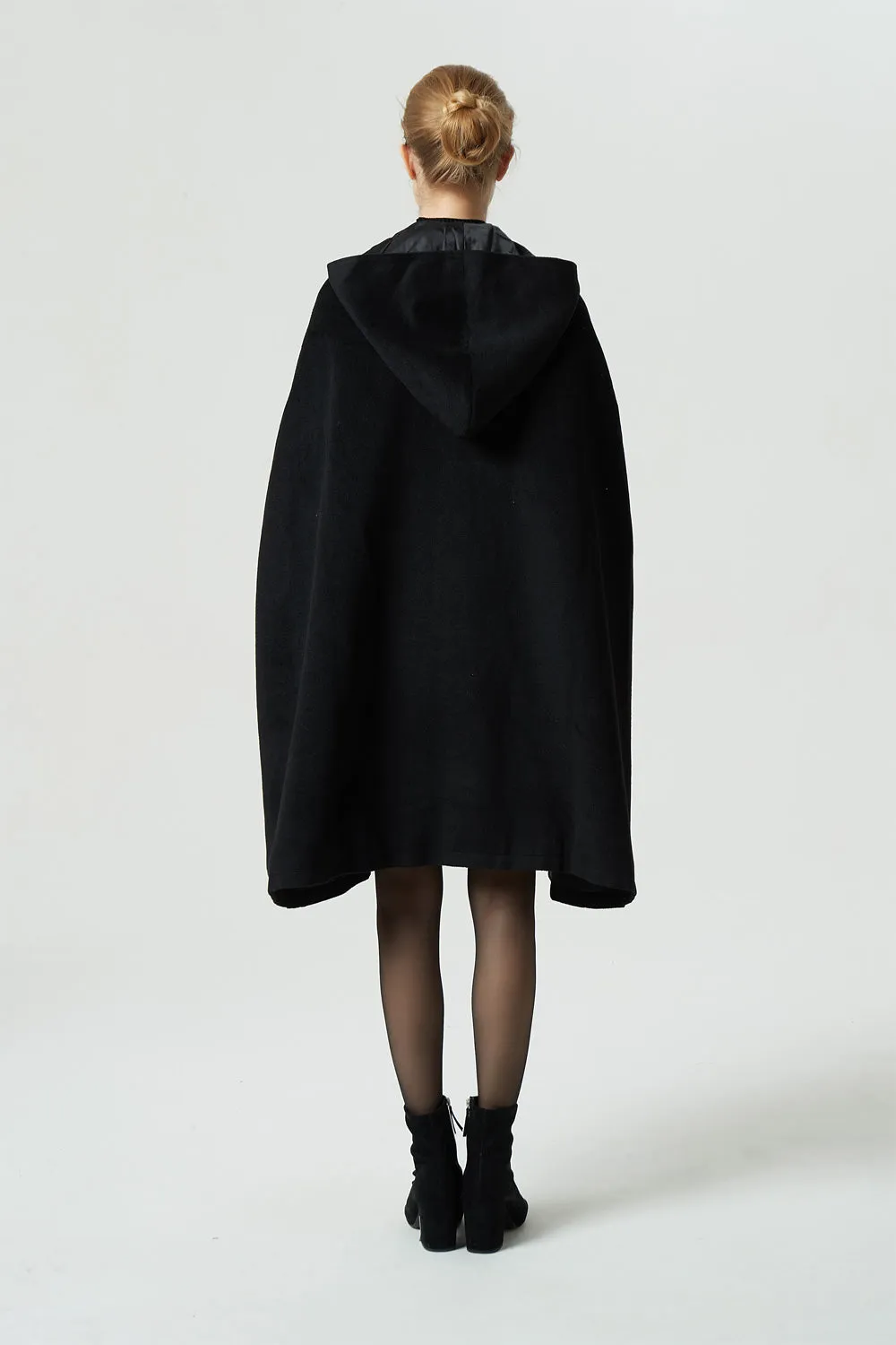 black wool cape coat, hooded warm cape, women winter outerwear 1952#