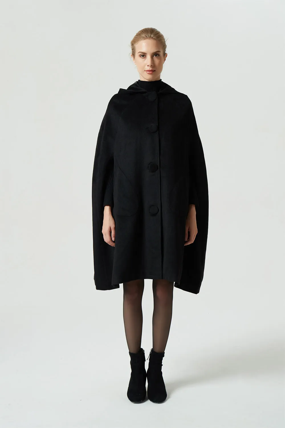 black wool cape coat, hooded warm cape, women winter outerwear 1952#