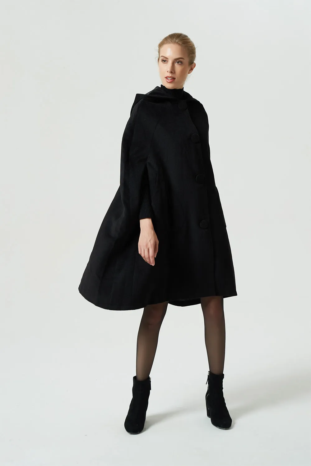 black wool cape coat, hooded warm cape, women winter outerwear 1952#