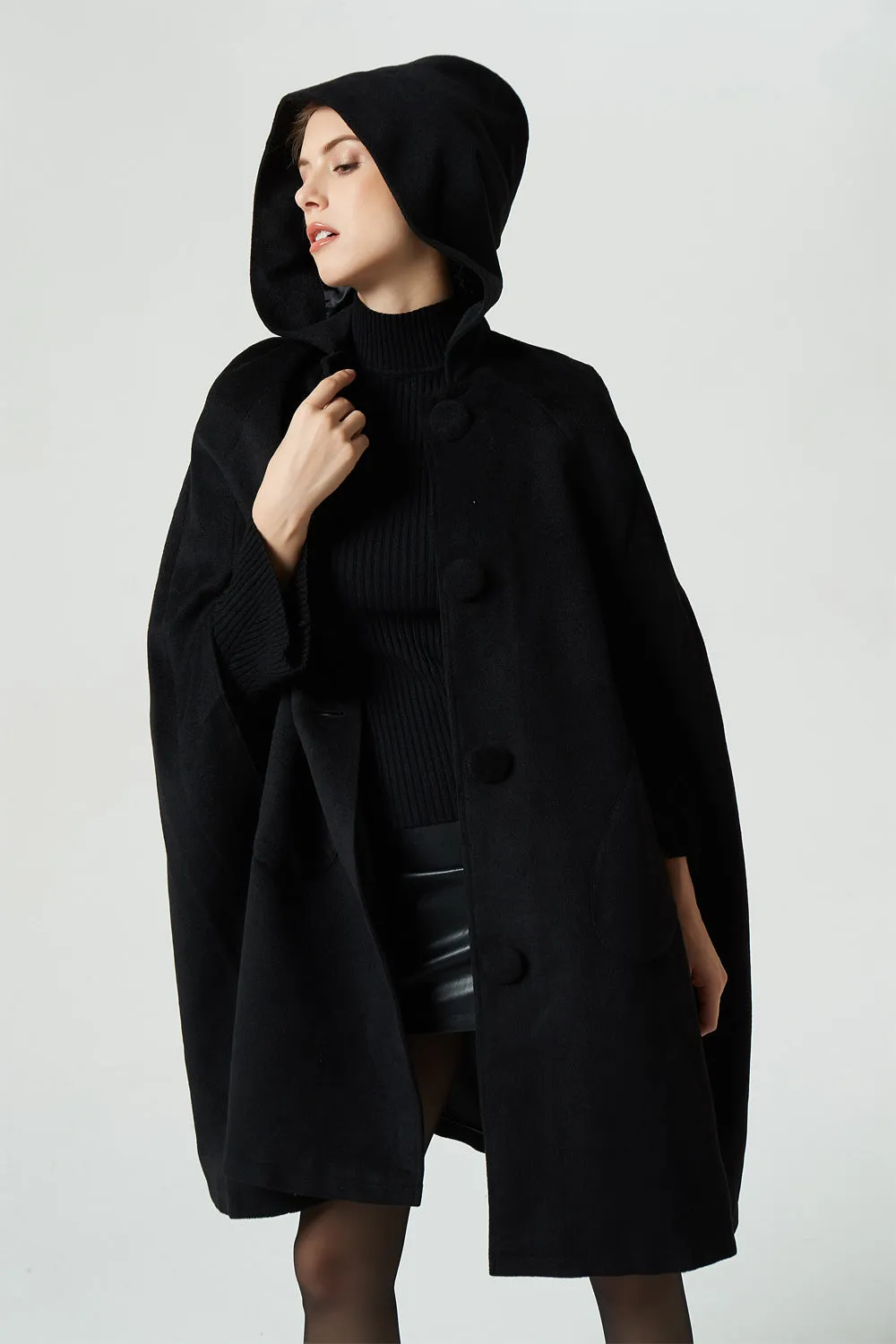 black wool cape coat, hooded warm cape, women winter outerwear 1952#
