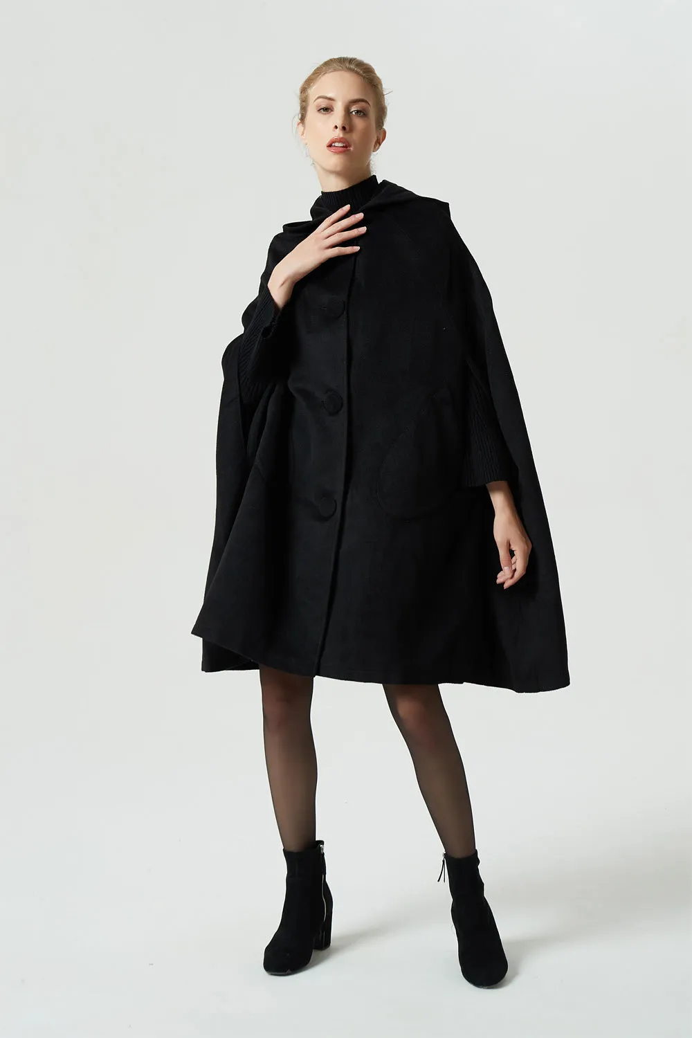 black wool cape coat, hooded warm cape, women winter outerwear 1952#