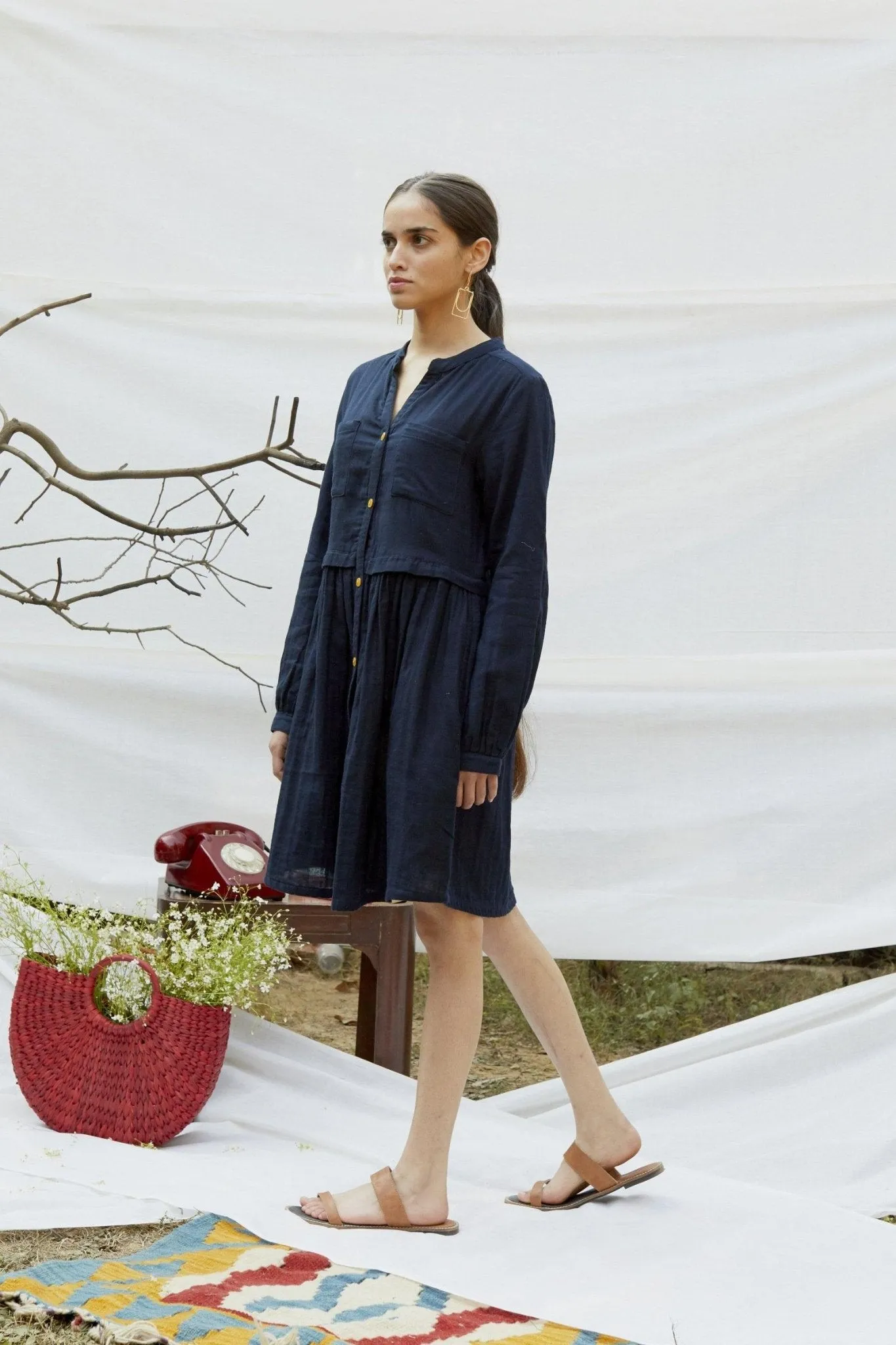 Blue Cotton Double Fabric Shirt Dress