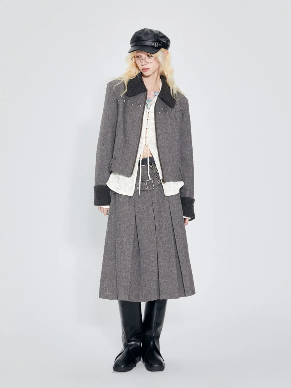 Box-Pleats Plain Belt Middle Flare-Skirt