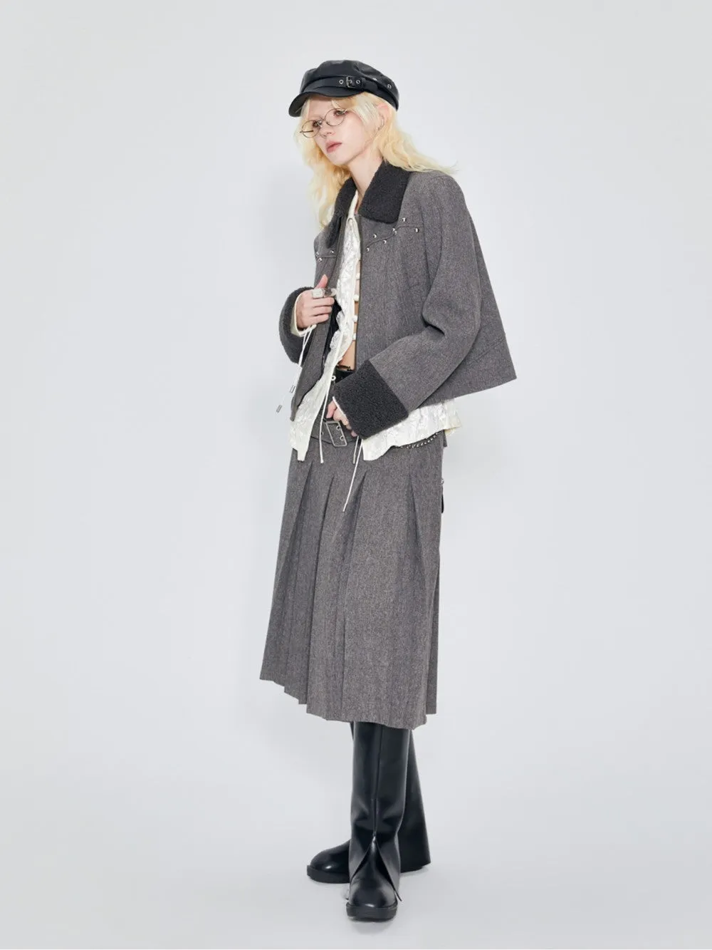 Box-Pleats Plain Belt Middle Flare-Skirt