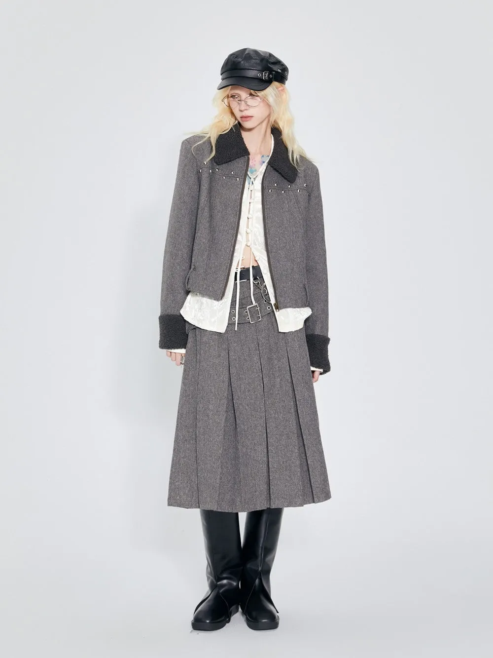 Box-Pleats Plain Belt Middle Flare-Skirt