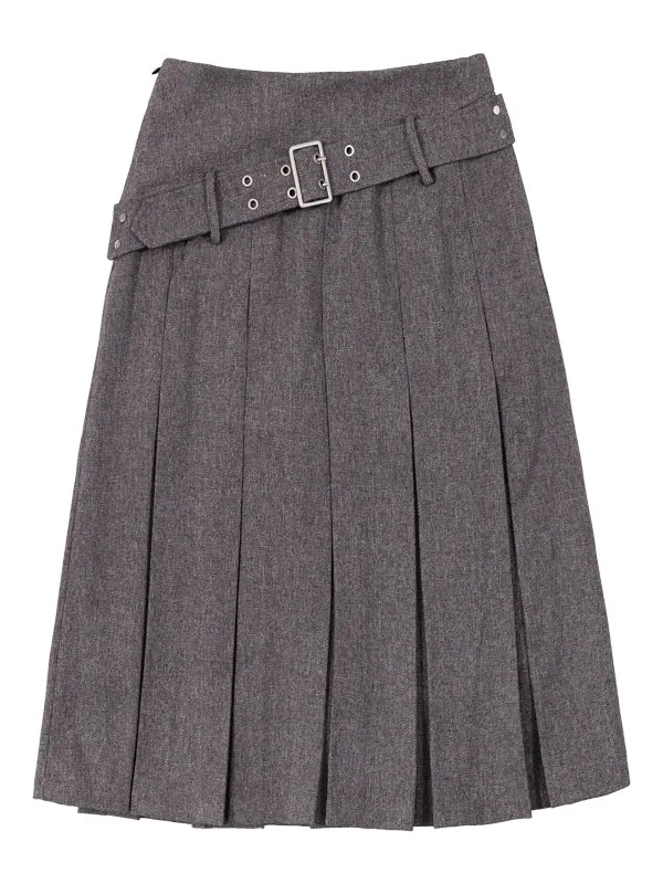 Box-Pleats Plain Belt Middle Flare-Skirt