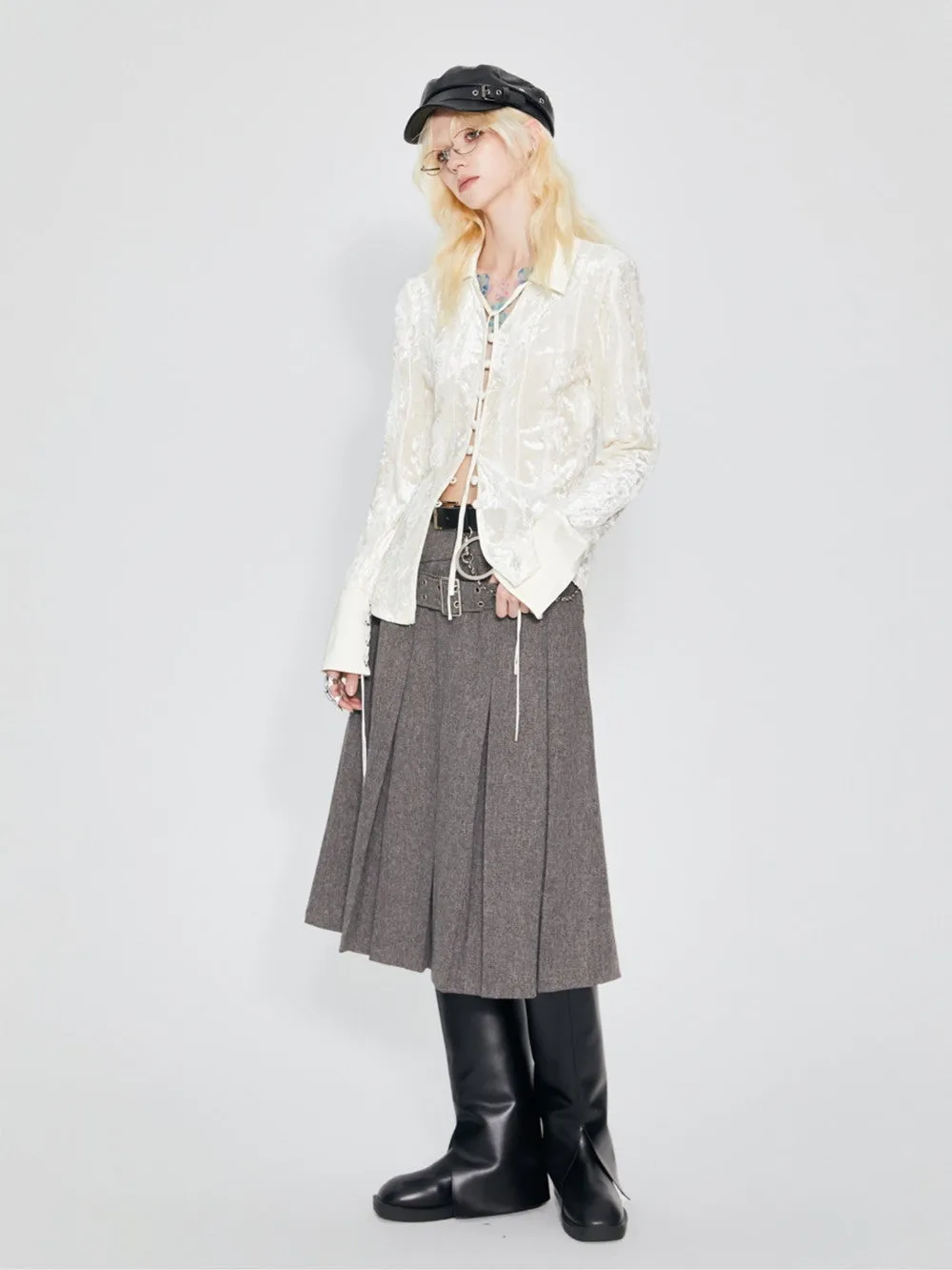 Box-Pleats Plain Belt Middle Flare-Skirt