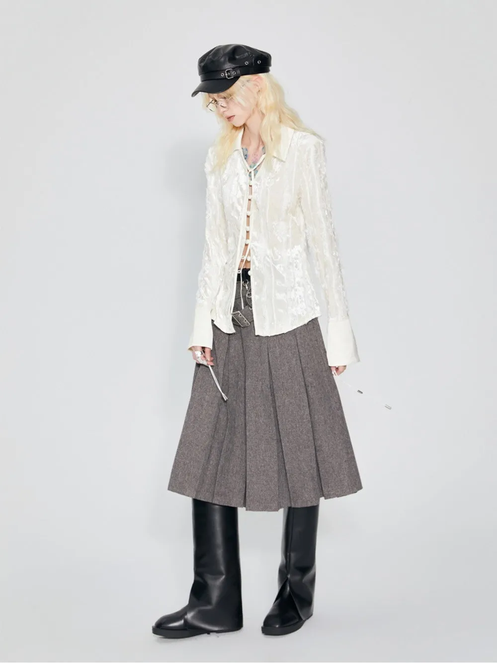 Box-Pleats Plain Belt Middle Flare-Skirt