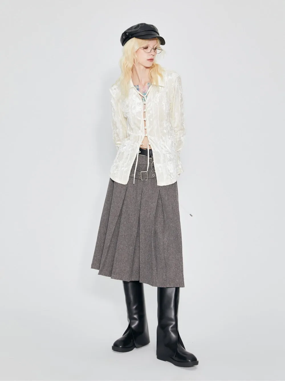 Box-Pleats Plain Belt Middle Flare-Skirt