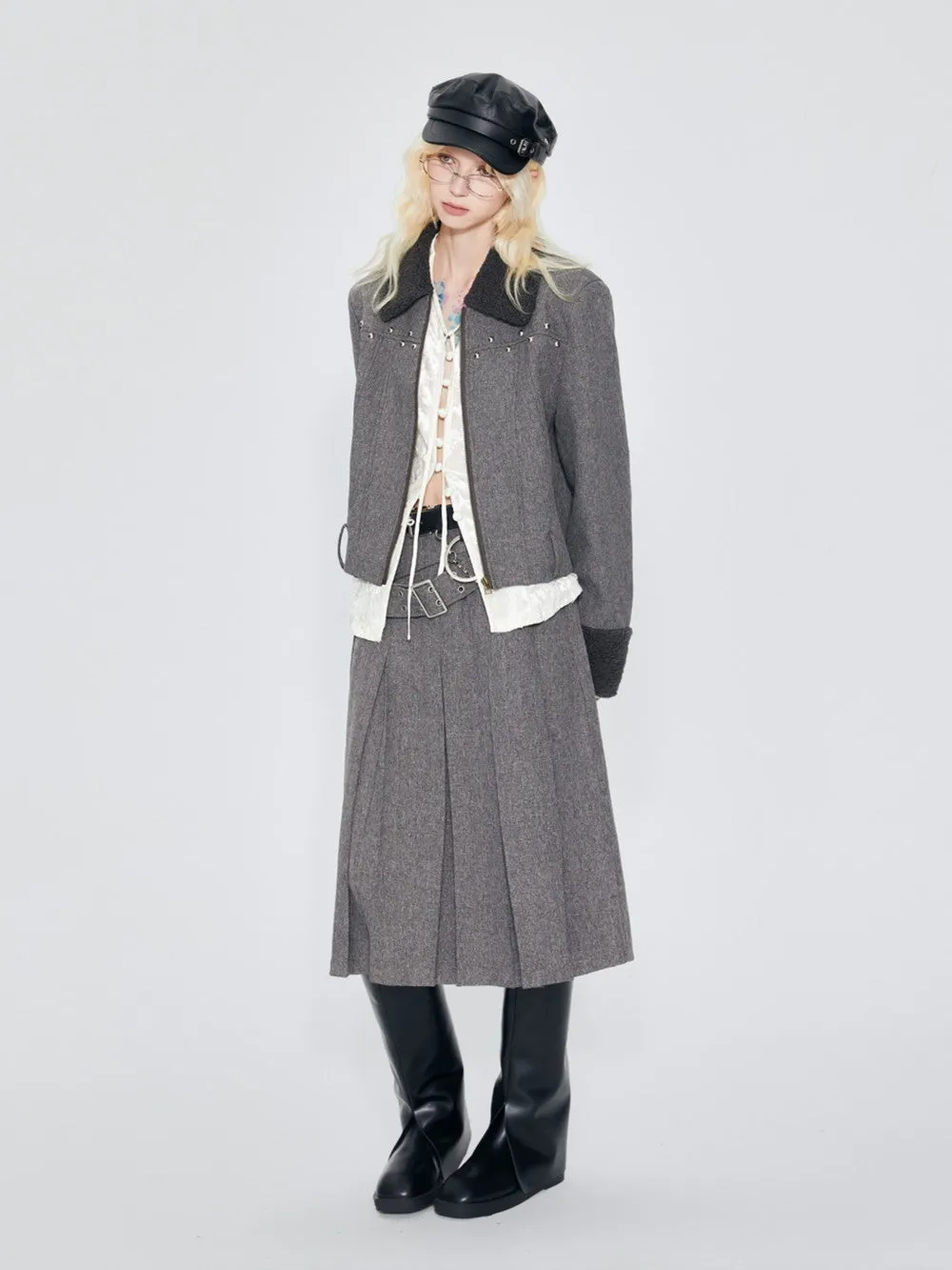 Box-Pleats Plain Belt Middle Flare-Skirt