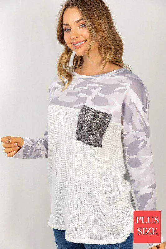 Camouflage Long Sleeve Knit Top with Sequence Pocket