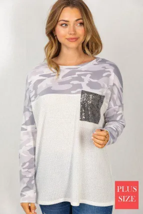 Camouflage Long Sleeve Knit Top with Sequence Pocket
