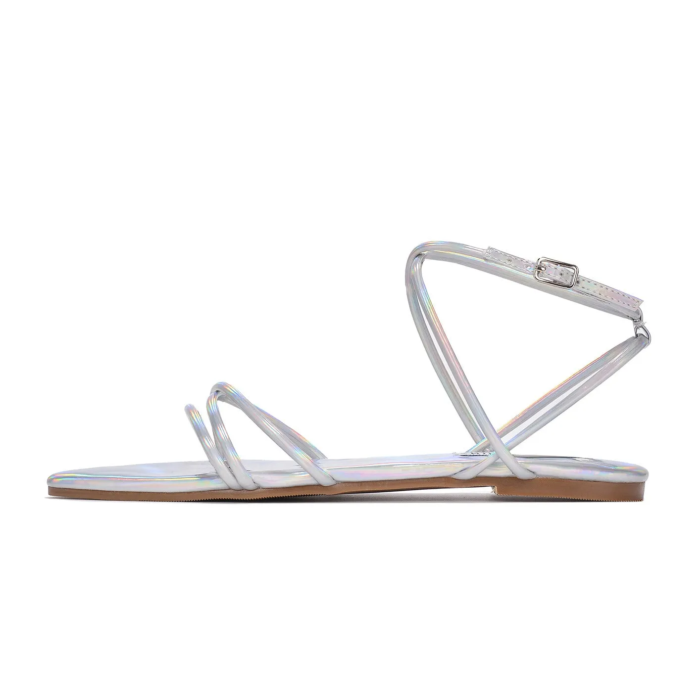 Cape Robbin Bibi Holo Ankle Strap Open Pointed Toe Strappy Flat Fashion Sandals