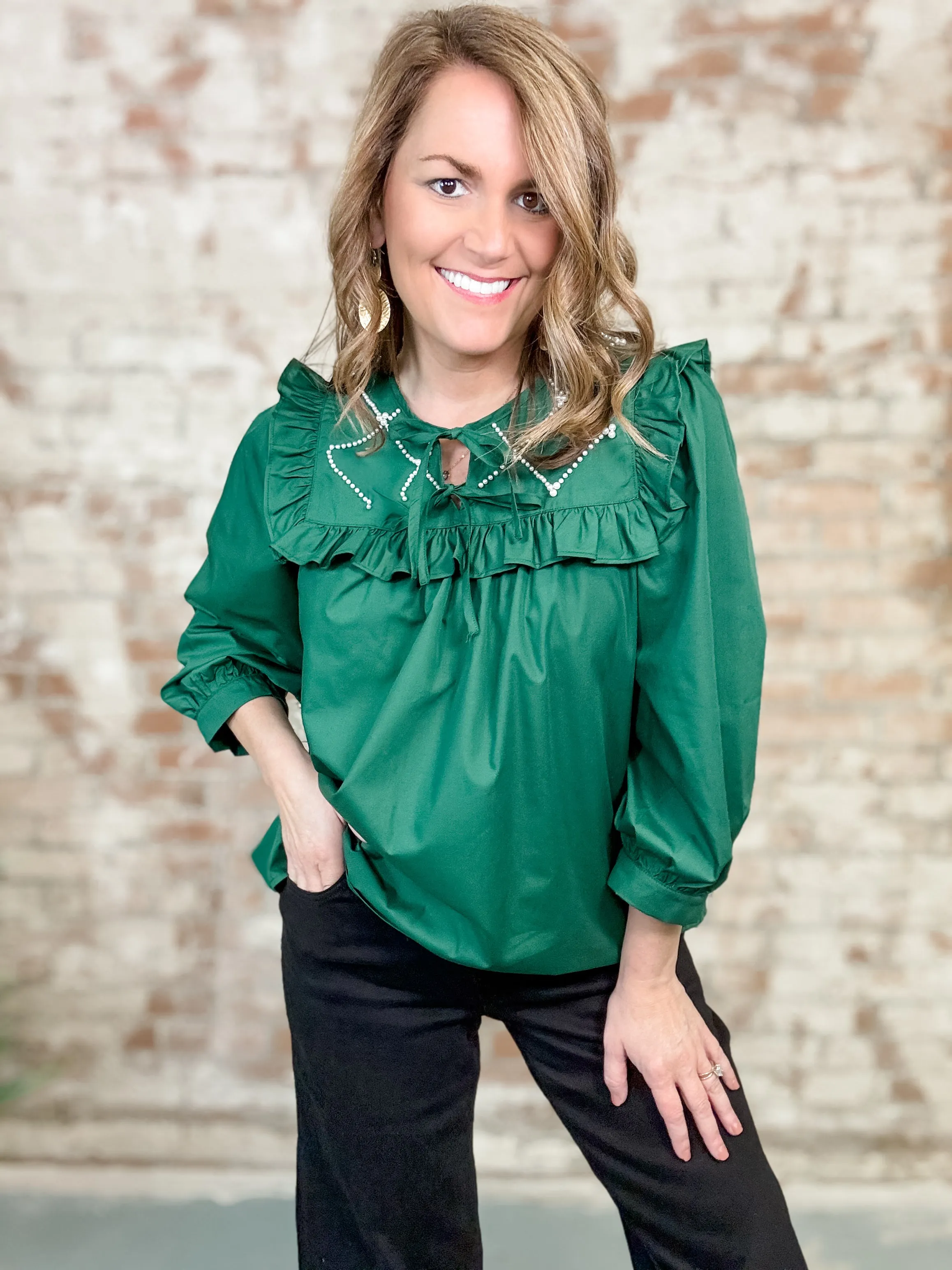 Carris Pearl Embellished Ruffle Top - FINAL SALE
