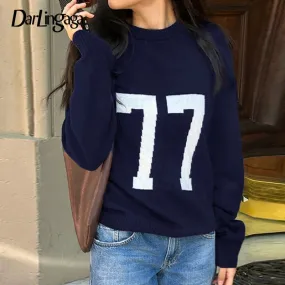 Casual Digital Print Dark Blue Women Sweater Korean Fashion Chic O-Neck Fall Winter Warm Pullover All Match Knitwears