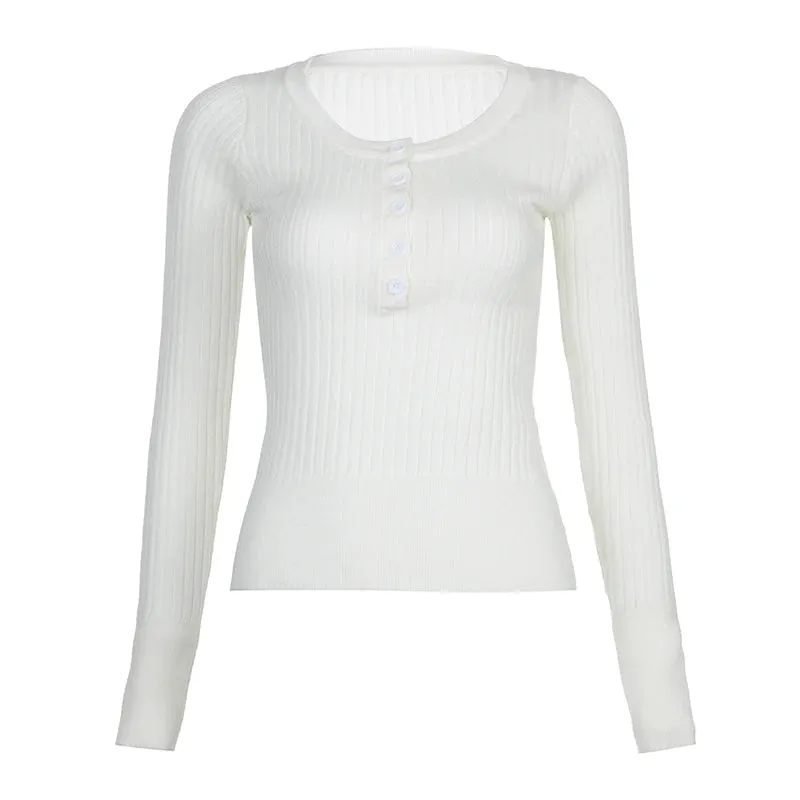 Casual White Buttons Knitted Sweater Women Basic Slim Autumn Pullover Korean Fashion Knitwear Jumpers Coquette Tops